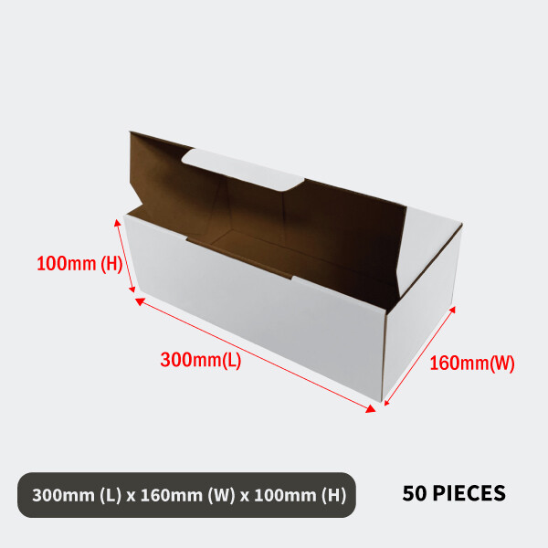50 White Cardboard Mailer Box 300mm 160mm 100mm Die Cut Shipping Packing