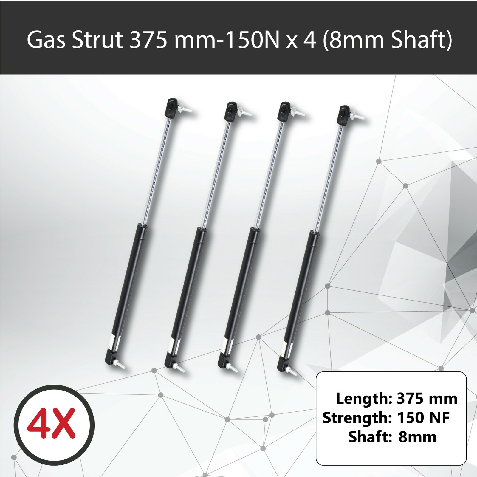 x4 Gas Struts 375mm 150N 8mm Shaft 18mm Caravans Trailer Canopy Toolboxes Tent