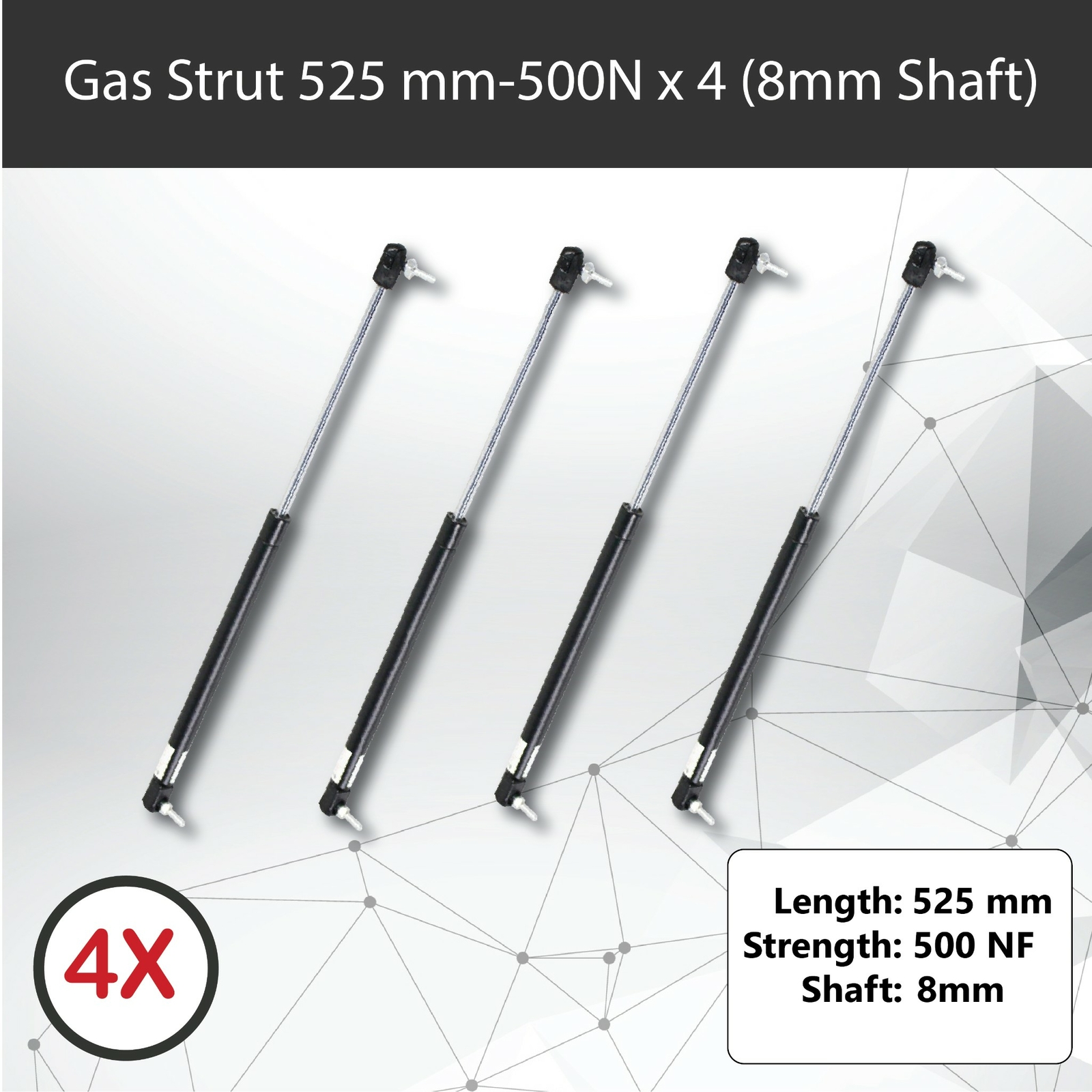 Gas Struts 525mm-500N x4 8mm Shaft 210mm Stroke Caravans Trailers Canopy tent
