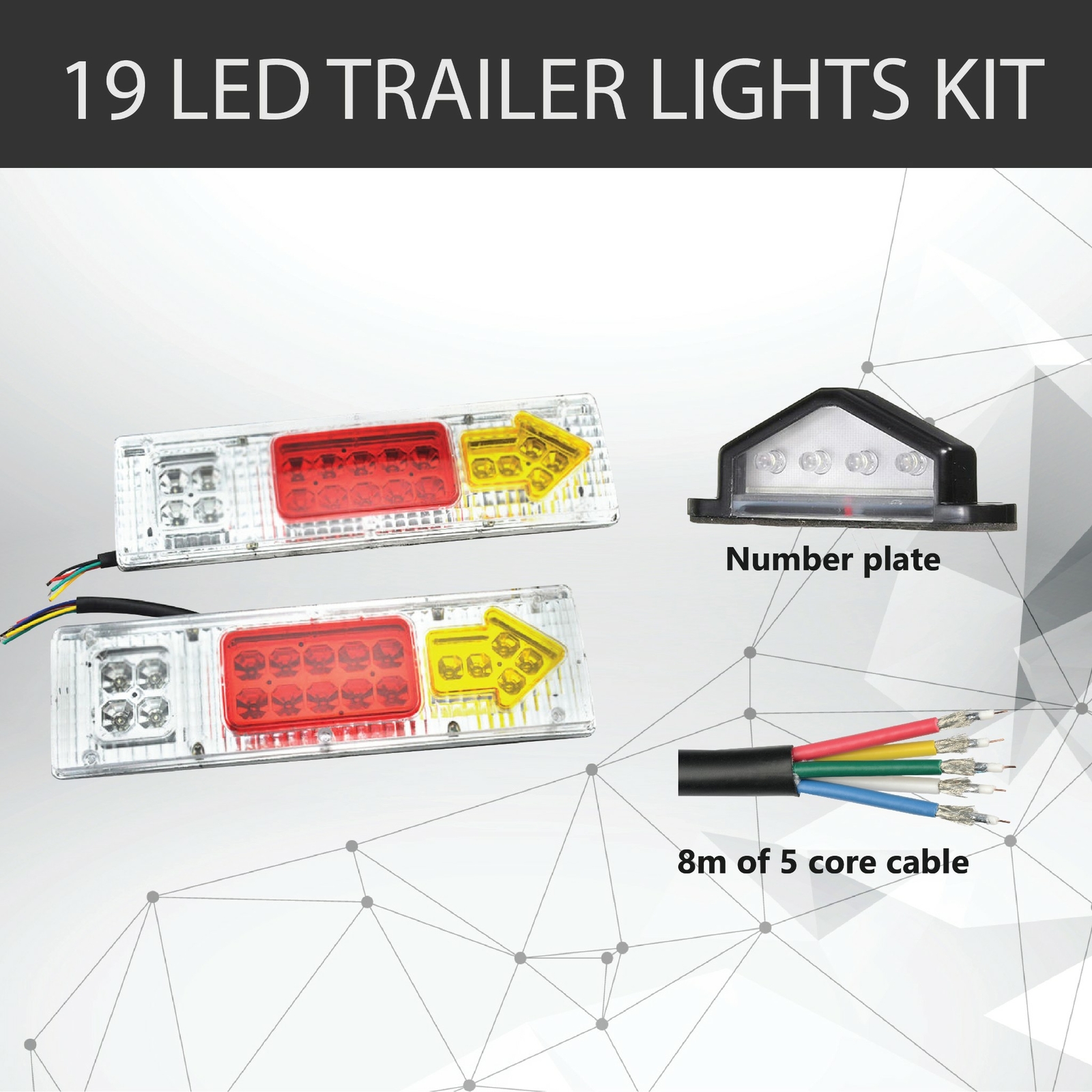 19 LED Trailer Light Kit Pair 12V 8M 5 Core Cable Number Plate Light Waterproof
