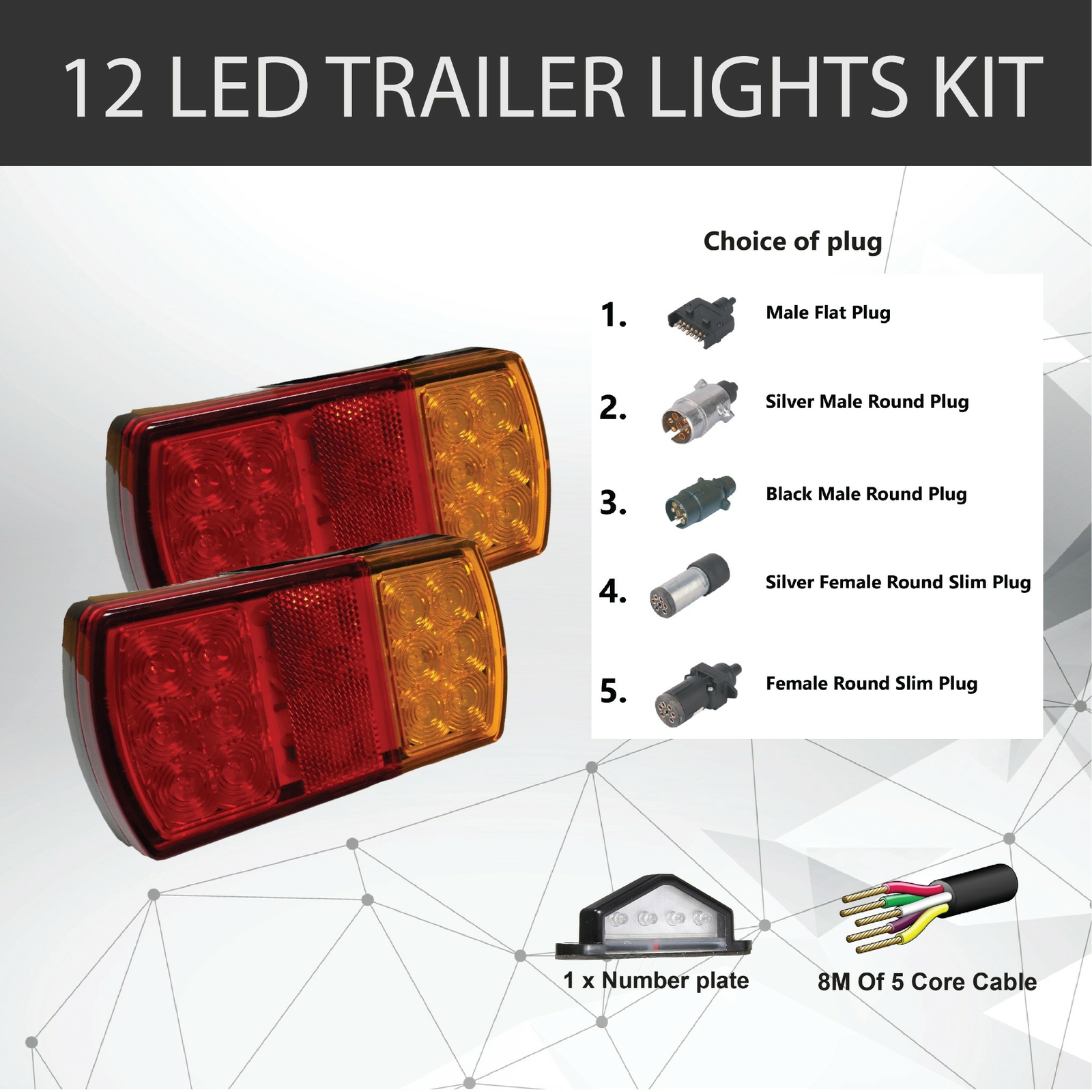 2 x12 LED Trailer Lights Kit 12V Stop Indicator Amber Red 8M 5 CORE Cable Plate
