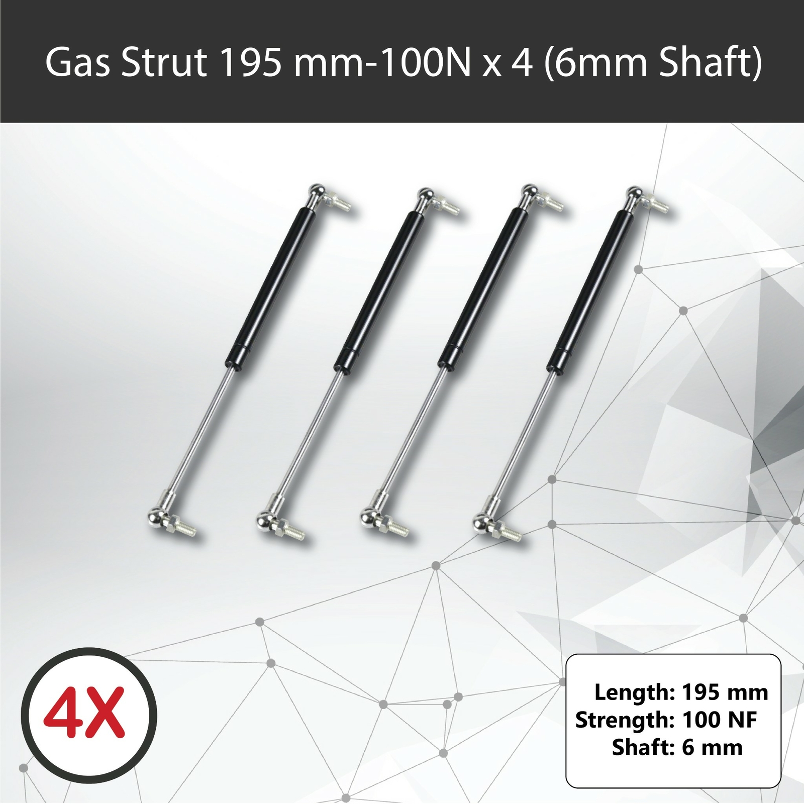 Gas Struts 195mm-100N x4 6mm Shaft 60mm Stroke 15mm Cylinder Caravans Trailers