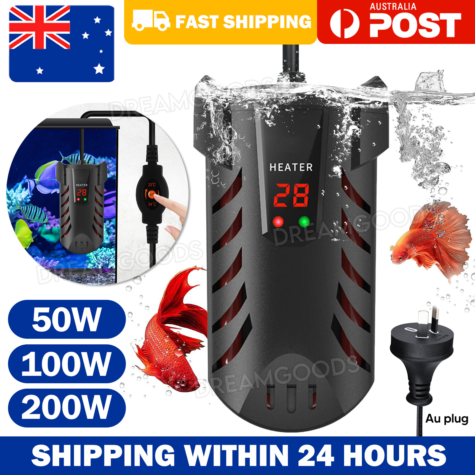 Aqua Thermosafe Aquarium Water Heater LCD Digital Submersible 200W Black Quartz