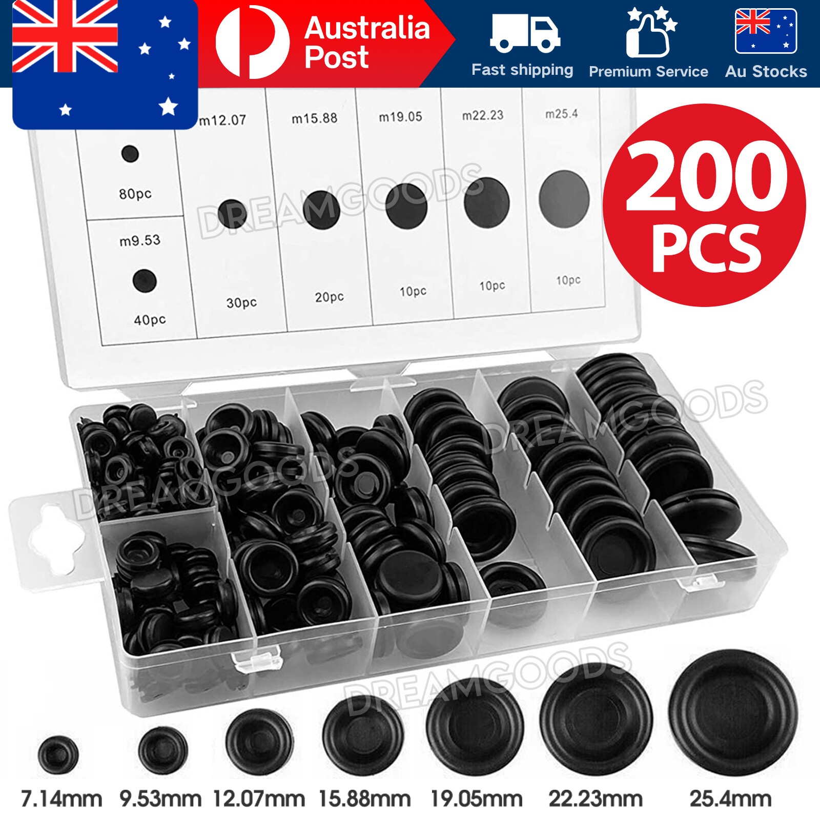 200 Pcs Rubber Grommet Set Black 7 Sizes Round Blanking Auto Fastener Kit Box