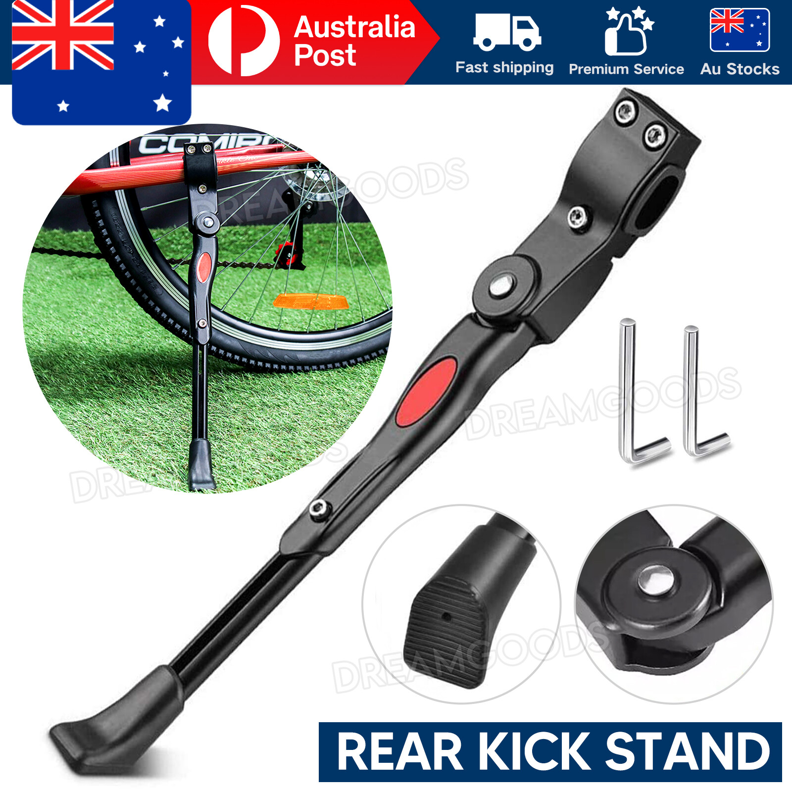 Adjustable Rear Mountain Bike Kick Stand 34cm Black Aluminium Alloy Rubber Foot