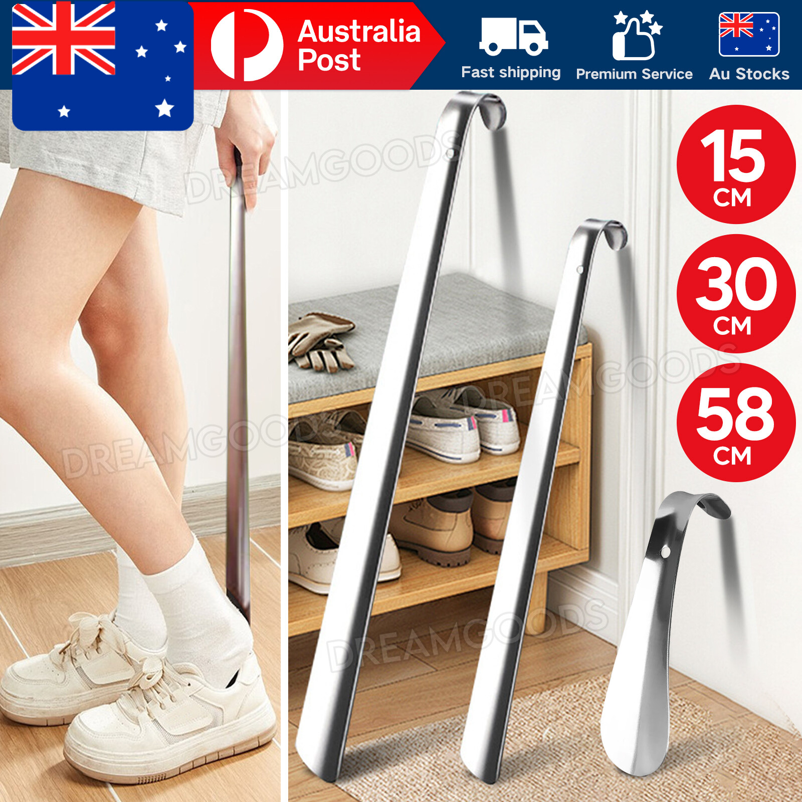 Stainless Steel Shoe Horn Long Handle Lifter Tool 15cm 30cm 58cm Silver Portable