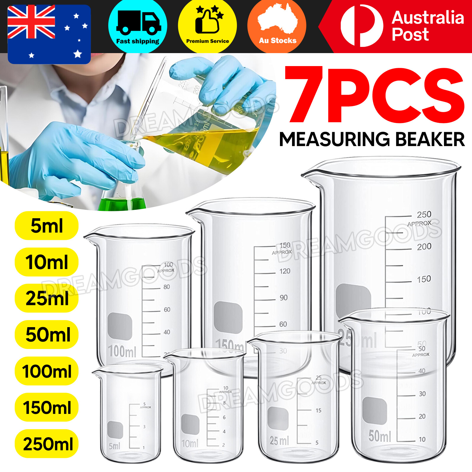 7Pcs Borosilicate Glass Low Form Graduated Beaker Set 5ml 10ml 25ml 50ml 100ml