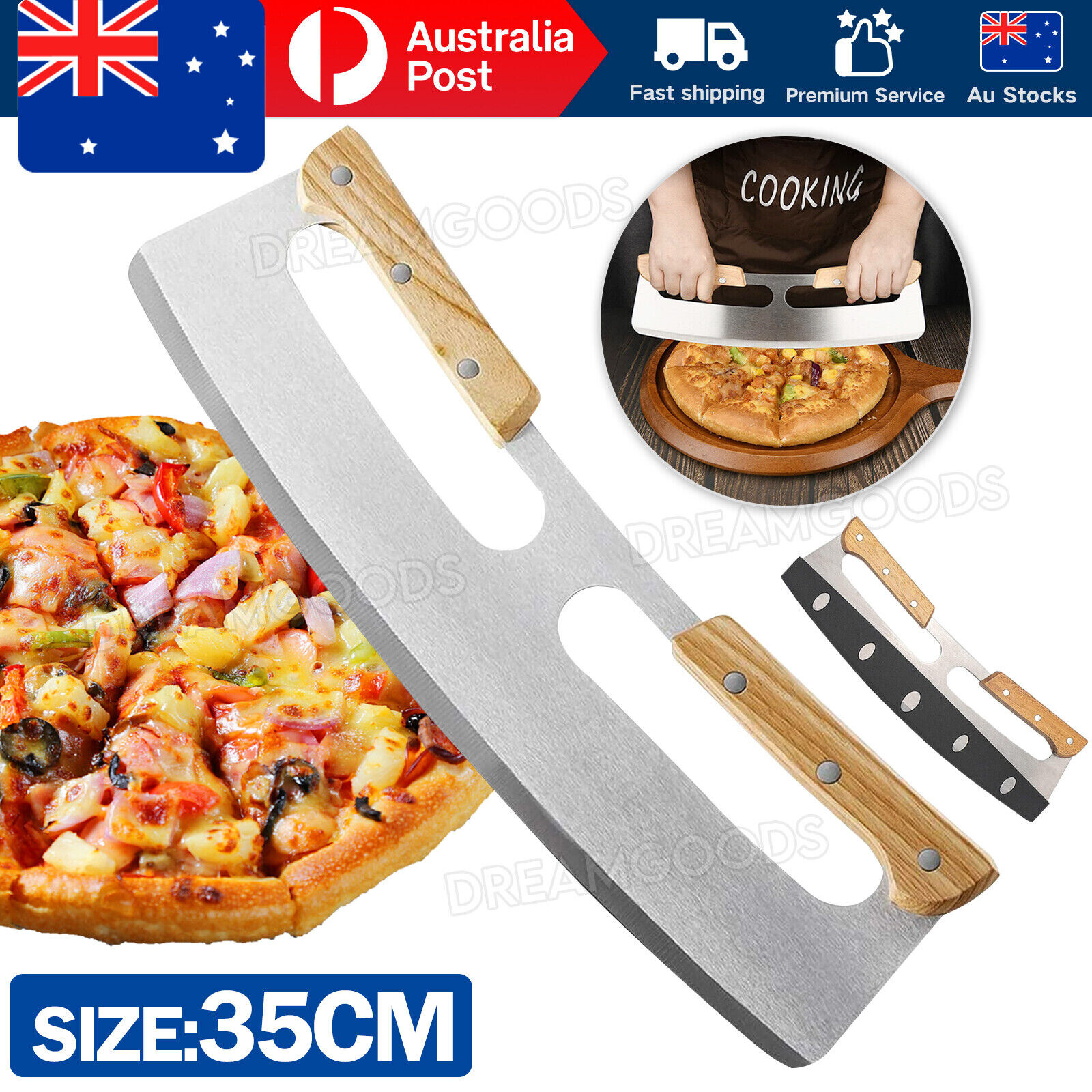 Stainless Steel Pizza Cutter Rocker Blade Slicer 35CM Silver Protective Cover