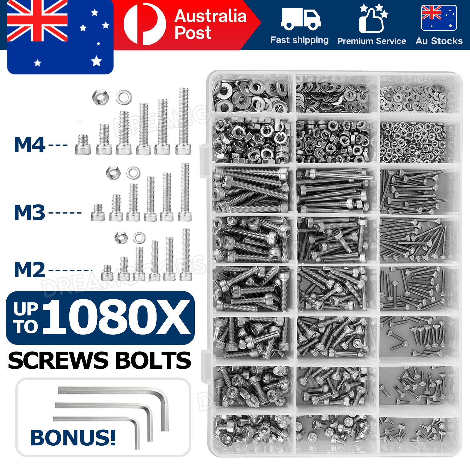 1080PCS M2/M3/M4/M5 304 Stainless Steel Hex Socket Bolts Nuts Washers Kit Set