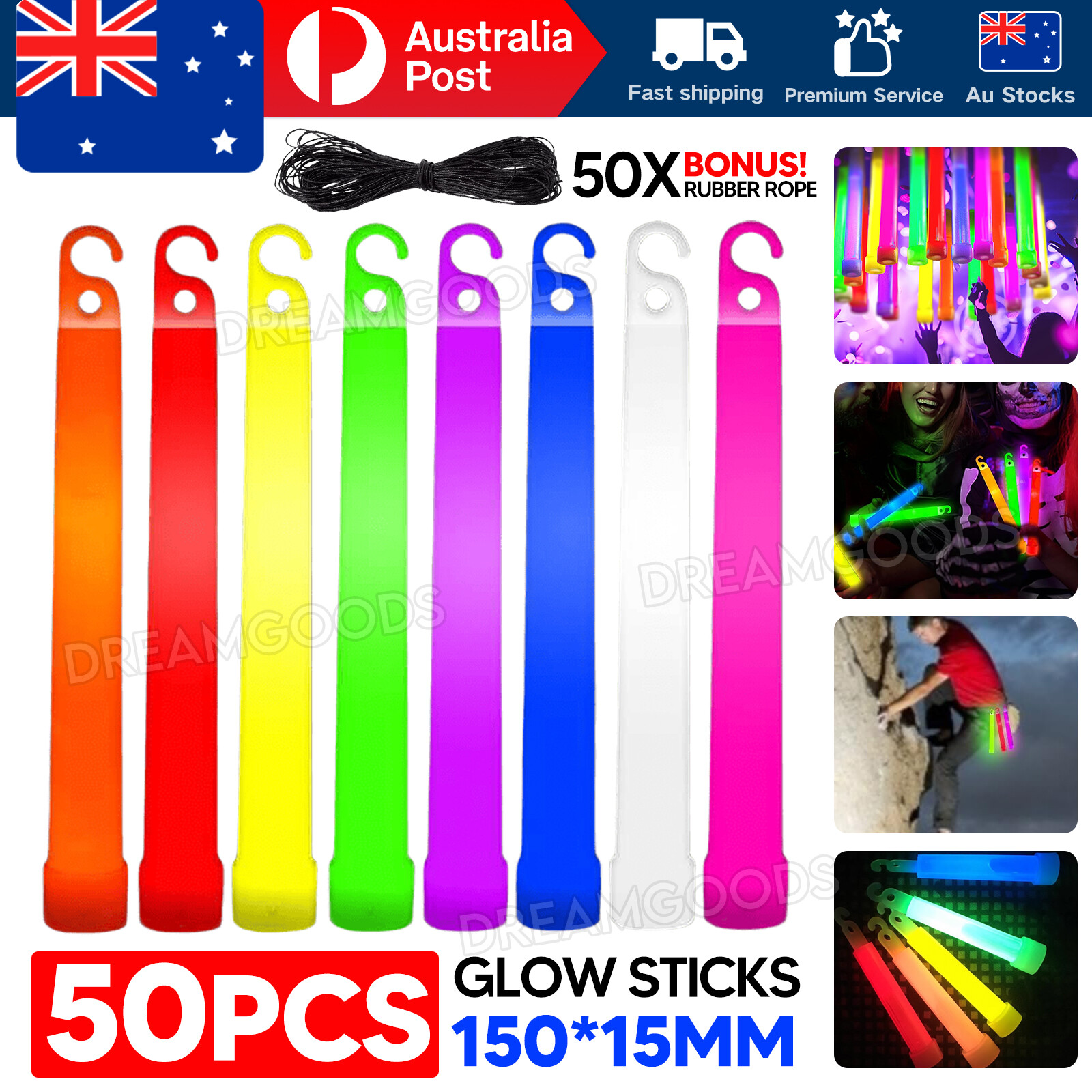 50x 6 INCH MIXED GLOW STICKS W/LANYARD BULK PARTY RAVE 3-5 hours. 15cm 6 Colours