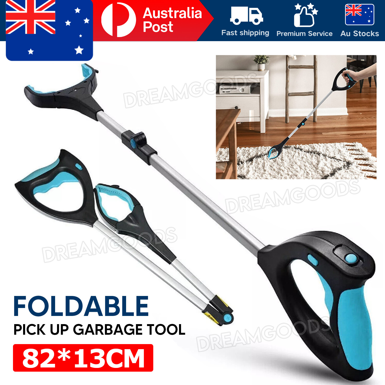 Foldable Pickup Tool Extend Reacher Grabber Blue 82x13 cm ABS TPR Swivel Head