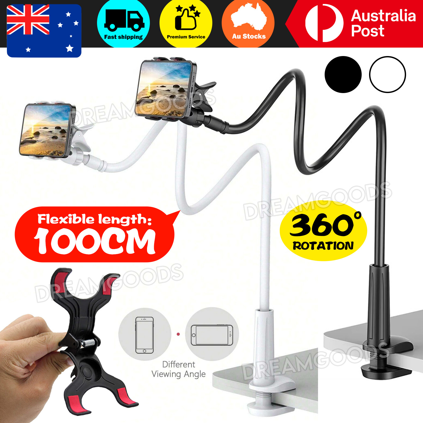 360 Rotating Universal Flexible dual-arm Phone Tablet Clip Stand Mount Black