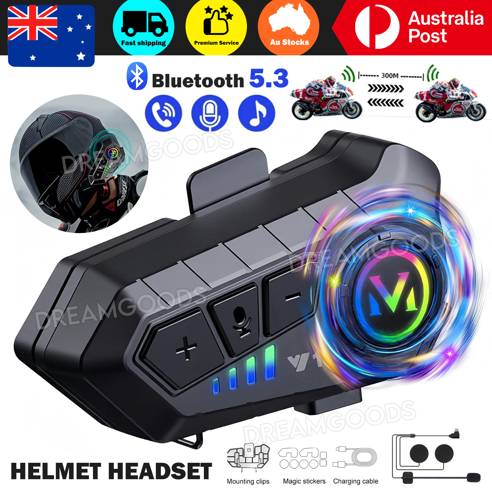 Motorcycle Helmet Bluetooth 5.3 Headset w/Mic IPX6 waterproof Black HIFI Dirt