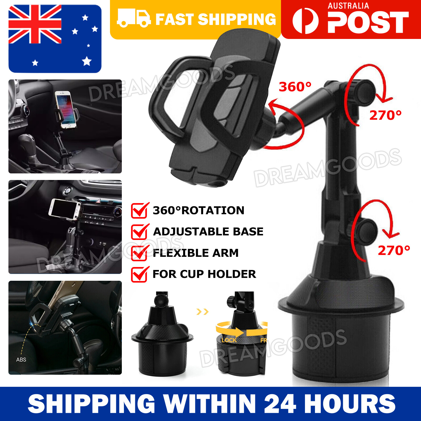 Car Cup Holder Phone Mount 360 Rotating Adjustable ABS Black GPS 26.5CM
