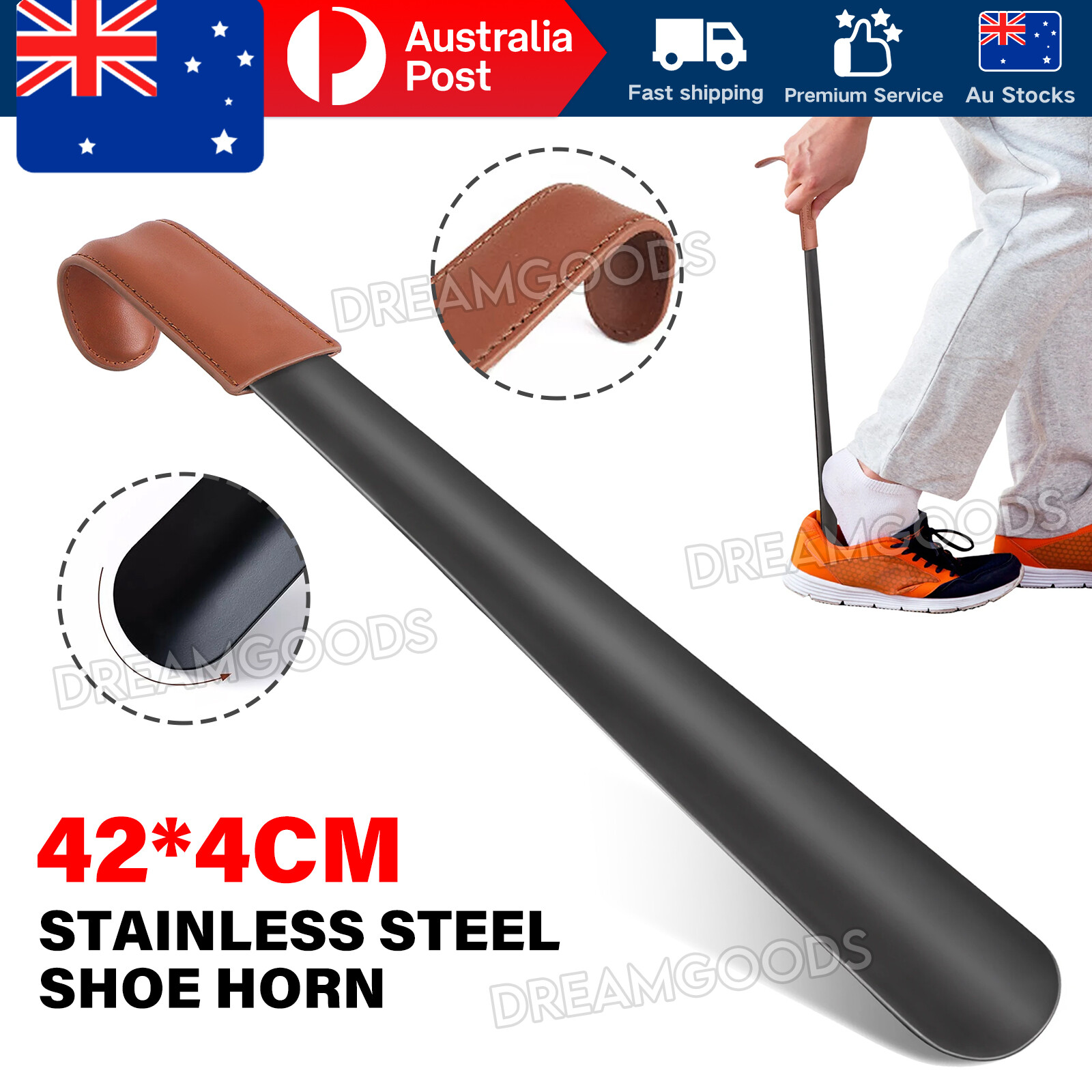 Stainless Steel Shoe Horn 42cm Long Leather Strap Handle Portable Black Lifter