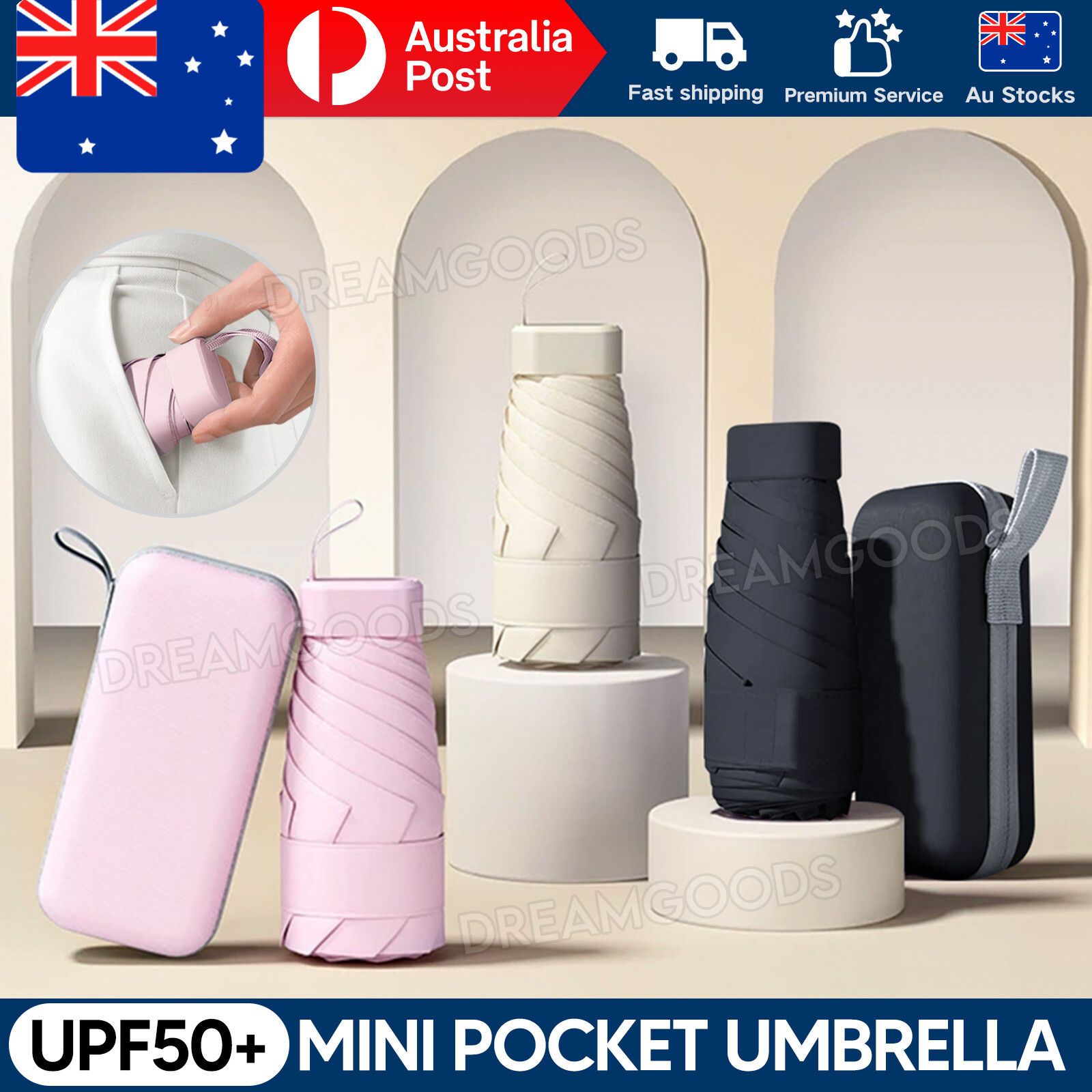 Mini Pocket Umbrella Anti-UV Sun/Rain Windproof 6 Folding Compact Beige Unisex