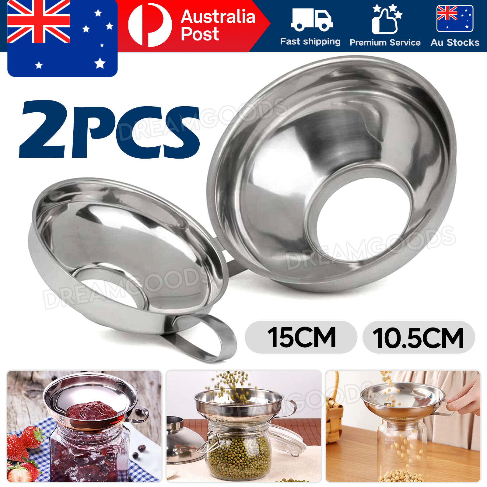 2 Stainless Steel Wide Mouth Funnel Jam Jar Canning Kitchen Filter Silver