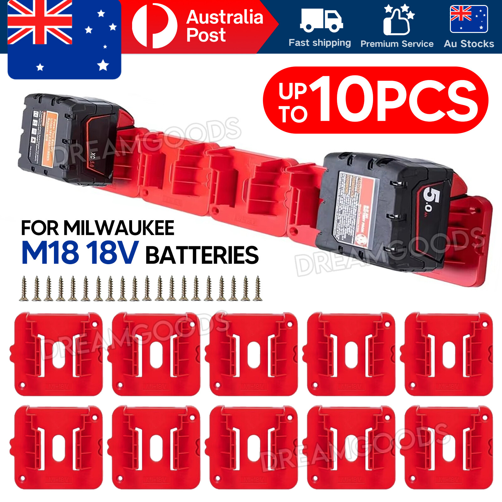5PCS Battery Mount Holder for Milwaukee M18 18V ABS Red Wall Workshop Portable