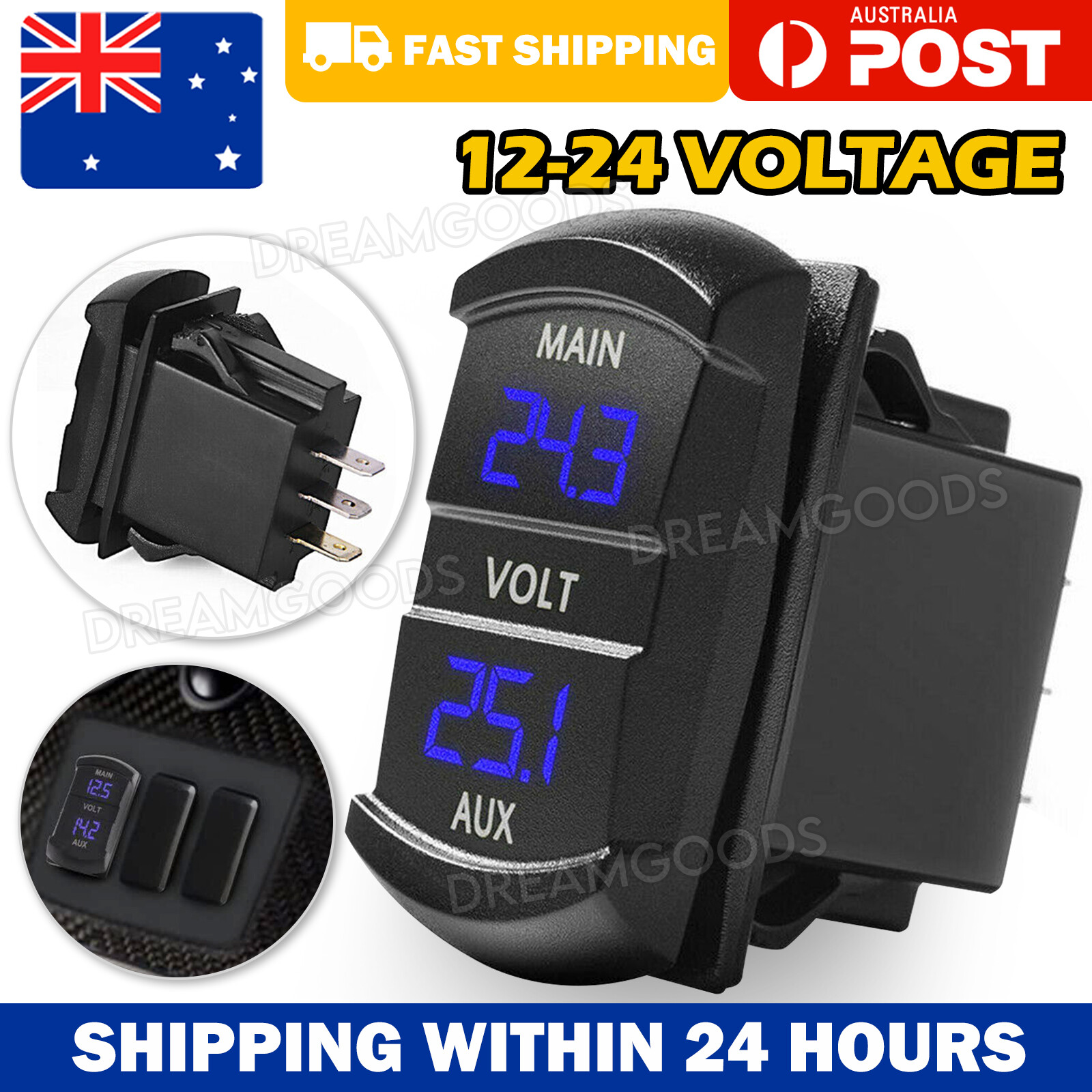 12V-24V Dual Battery Voltmeter Blue LED Digital Boat Marine 10-32V Flush Mount