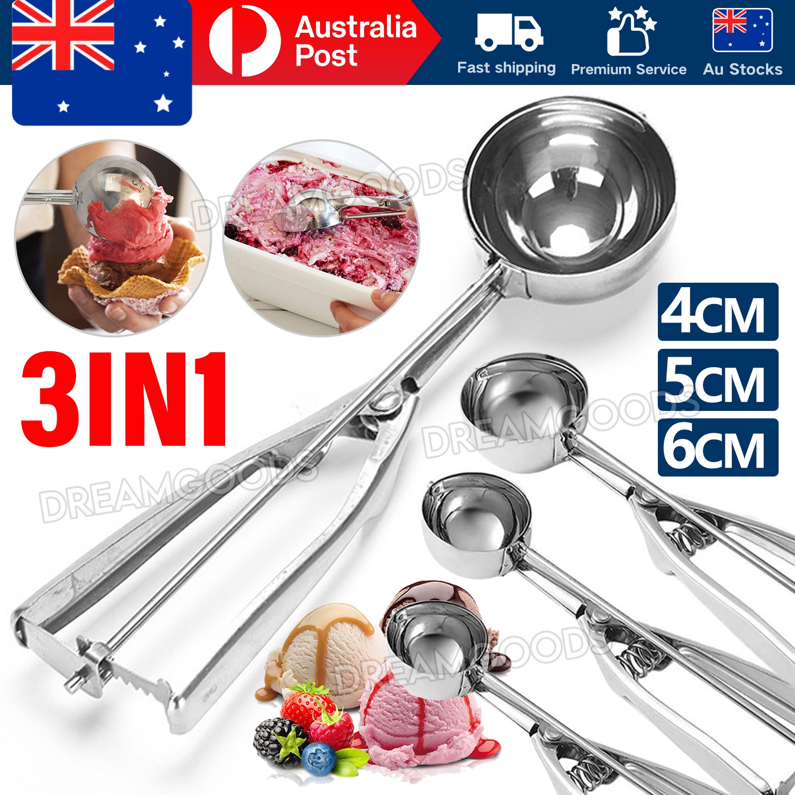 3X Ice Cream Scoop Stainless Steel Silver 4/5/6cm Mechanical Cookie Dough Cake