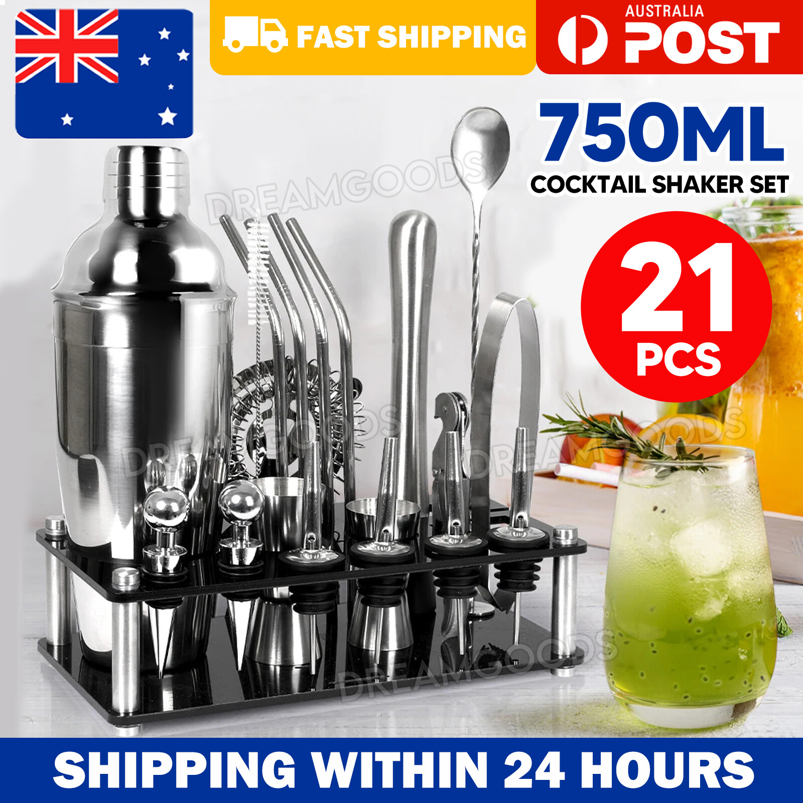 Cocktail Shaker Set 21 Stainless Steel 750ML Martini Mixer Bar Stand Kit Silver