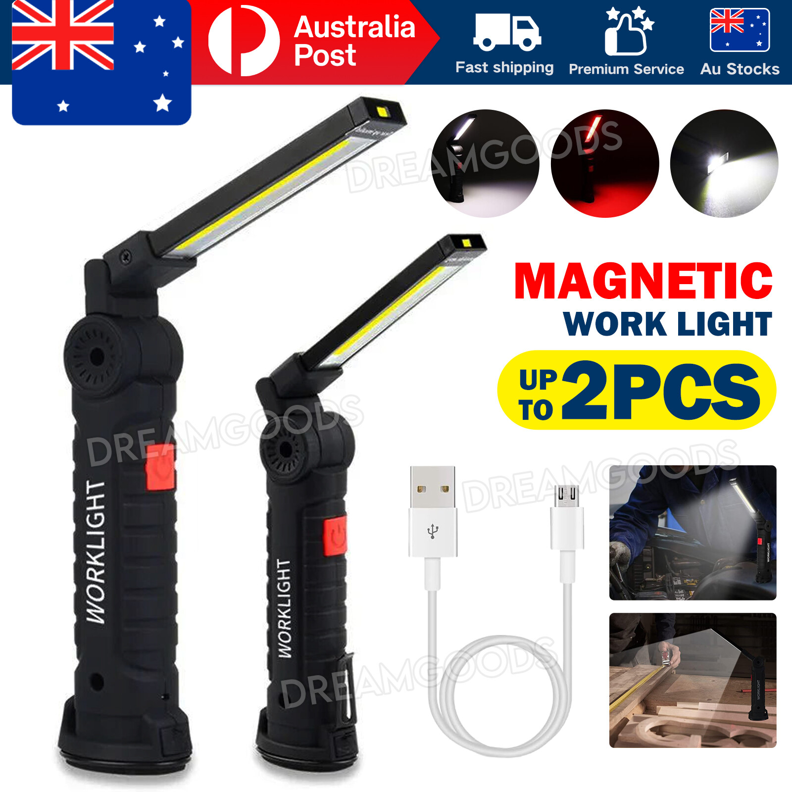 USB Rechargeable COB LED Work Light Magnetic Hand Torch Flashlight Black Hook