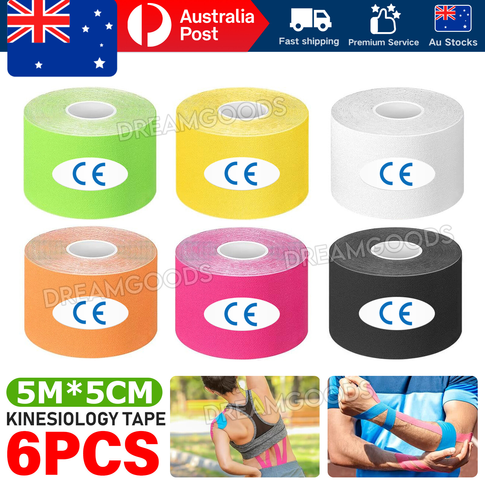 6x Kinesiology Sports Muscle Tape Waterproof Cotton 5cmx5m Elbow Knee Shoulder