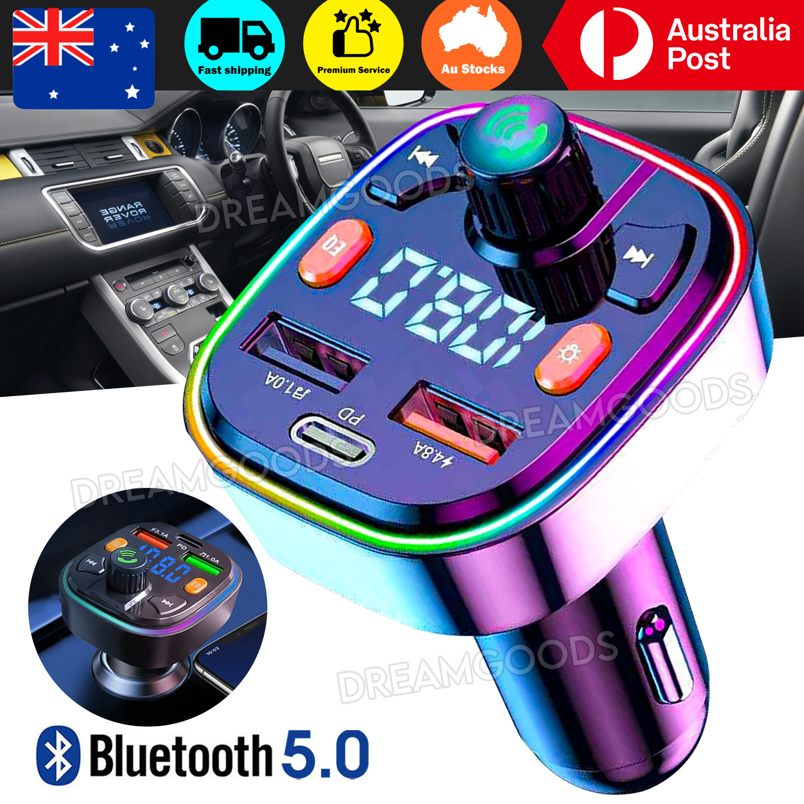 Bluetooth 5.0 FM Transmitter Car Charger Dual USB Handsfree LED Display MP3