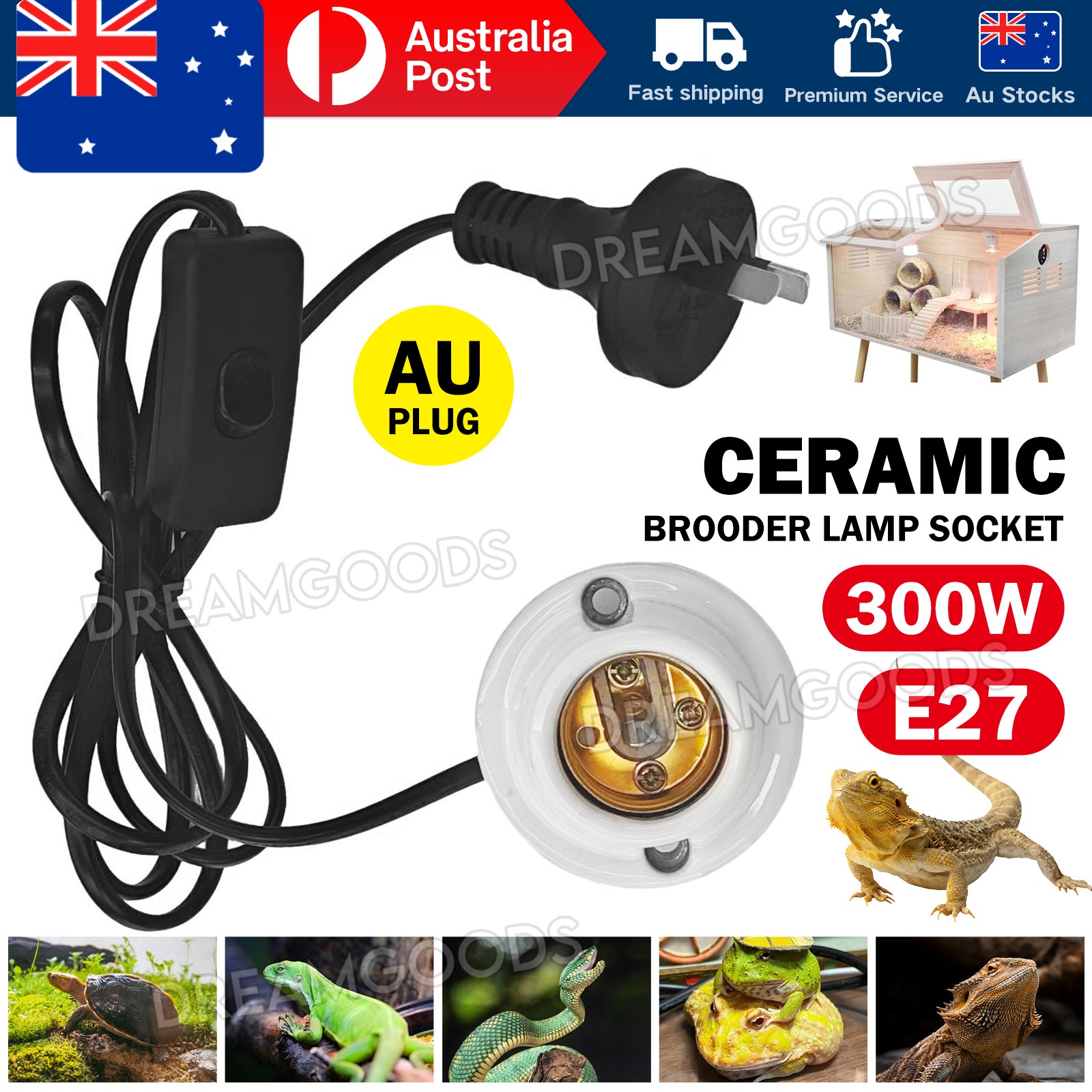 E27 300W Ceramic Reptile UVB Heat Lamp Holder Socket Black Tortoises 1.5M AU