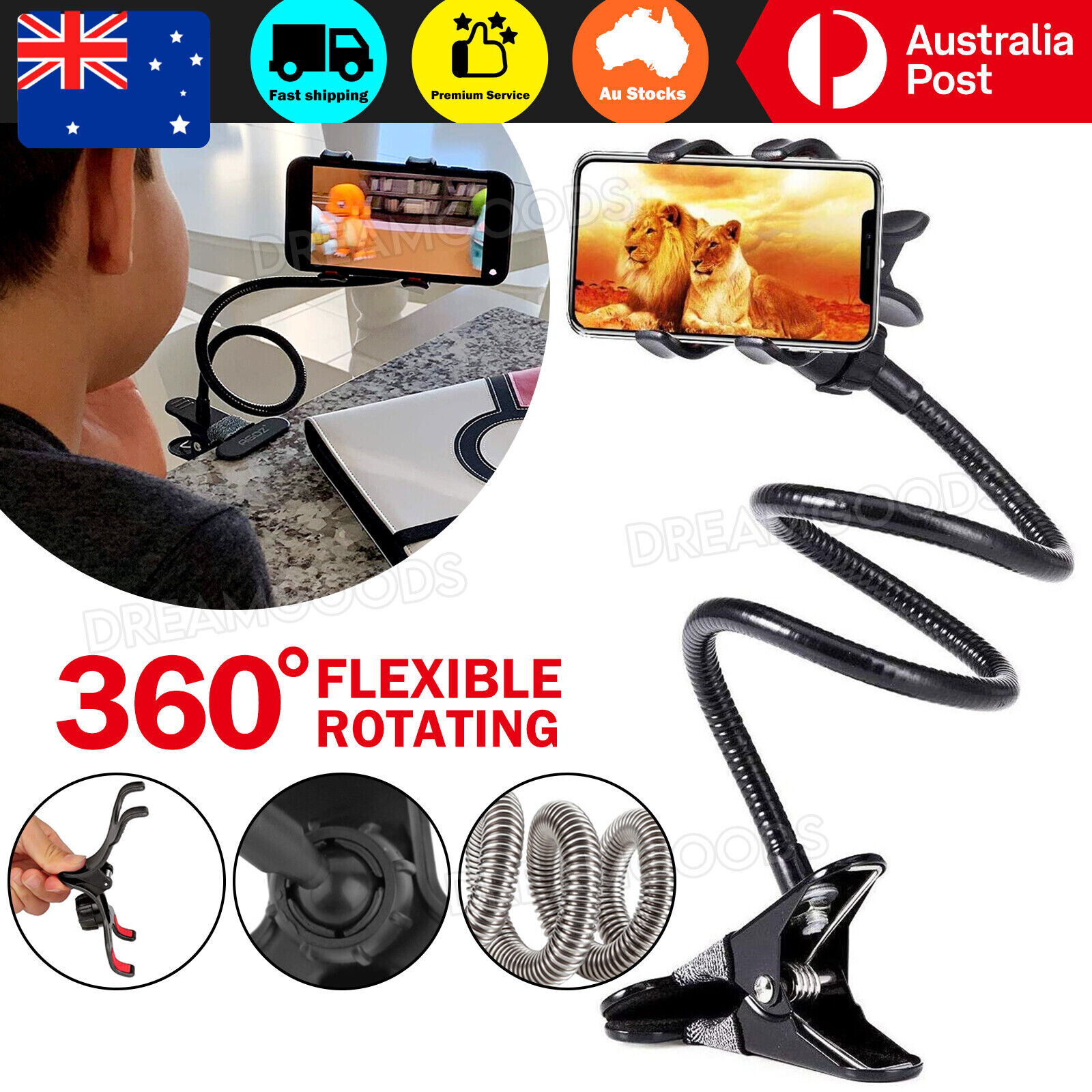 Mobile Phone Gooseneck Clamp Holder 360 Degrees Rotation 67cm Black Desk Bed