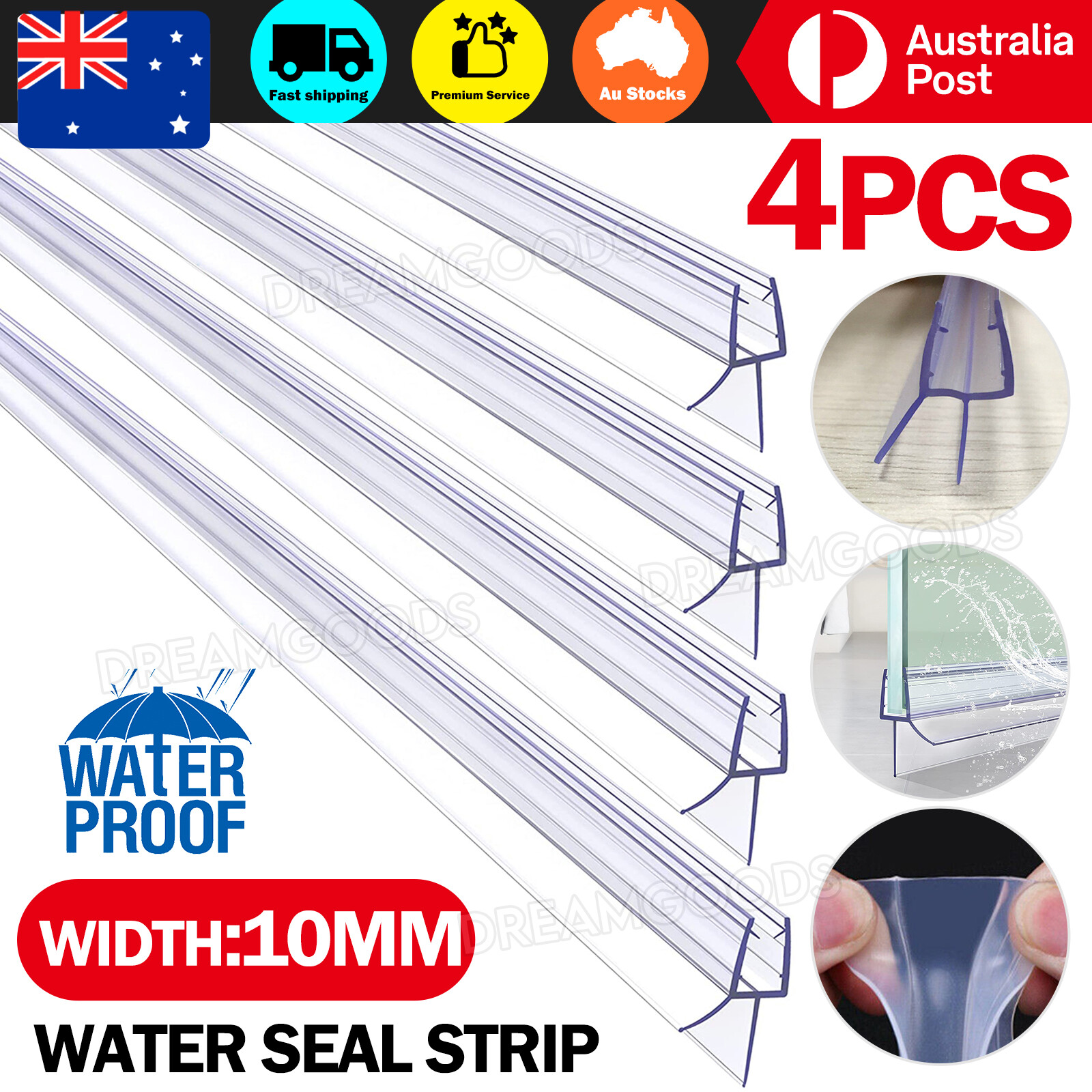 4x Water Seal Strip Shower Door Bottom Wipe 1m 10mm Glass PVC Silicone Clear