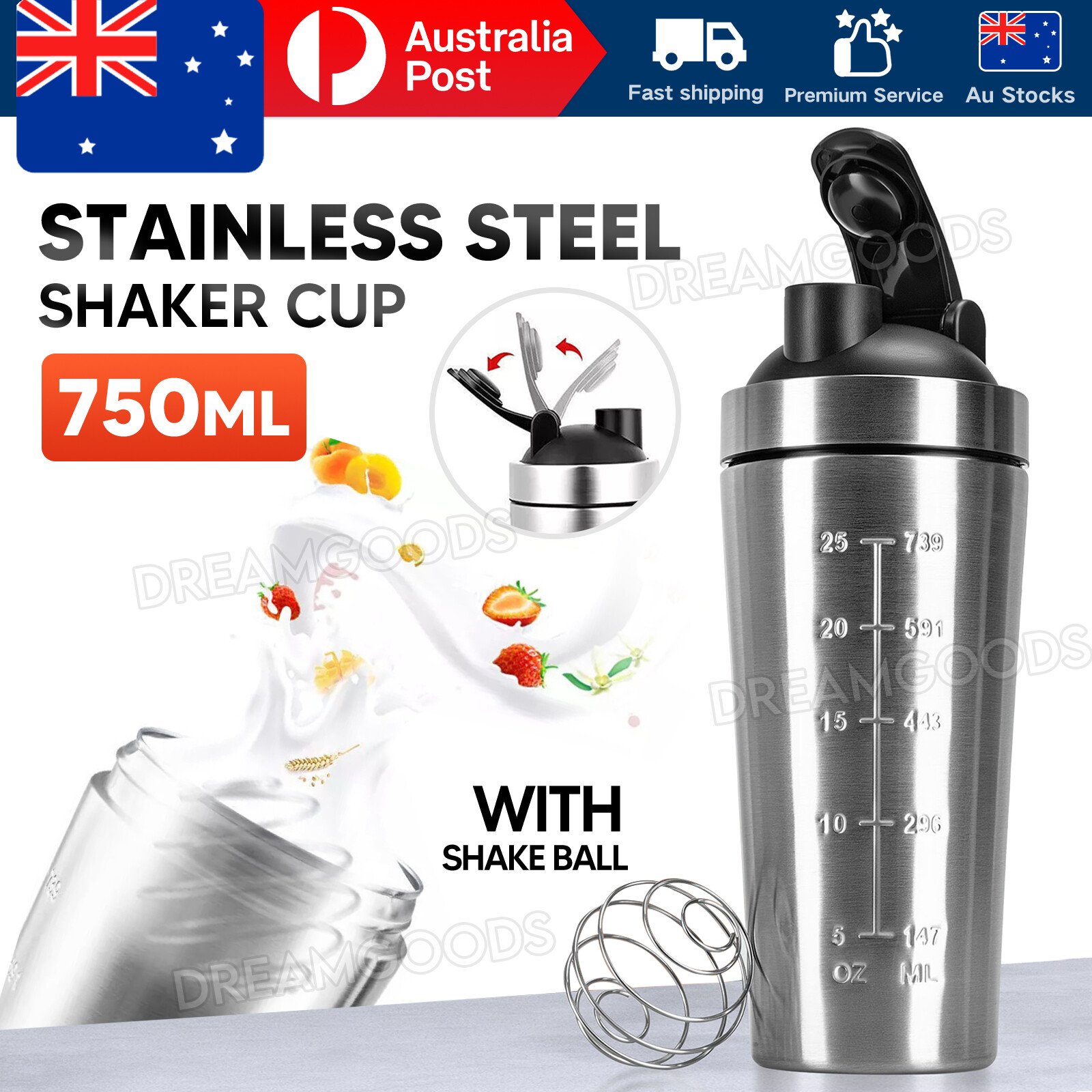 750ml Stainless Steel Protein Shaker Bottle Silver BPA Free Fitness Drink Mixer