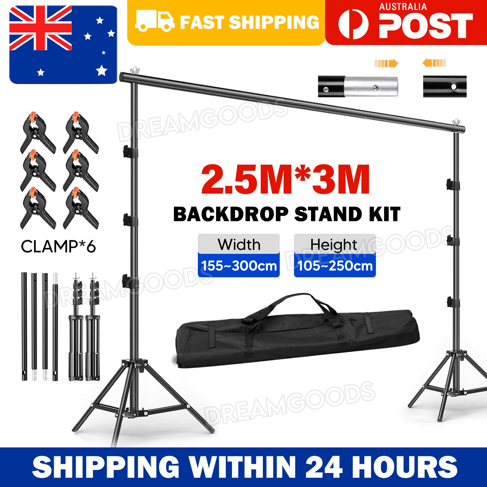 Photography Studio Heavy Duty Backdrop Stand Kit 2.5Mx3M Black Metal 6 Clamps