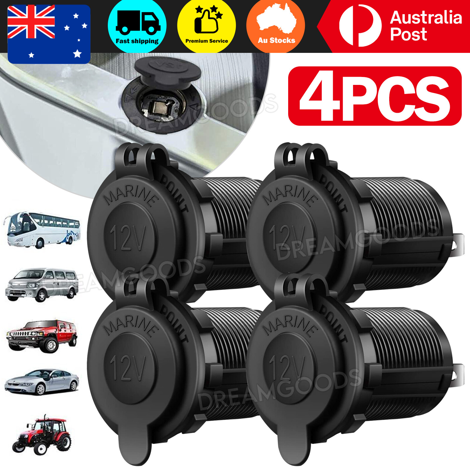 4X Waterproof 12V Car Cigarette Lighter Socket USB Charger Power Adapter Black