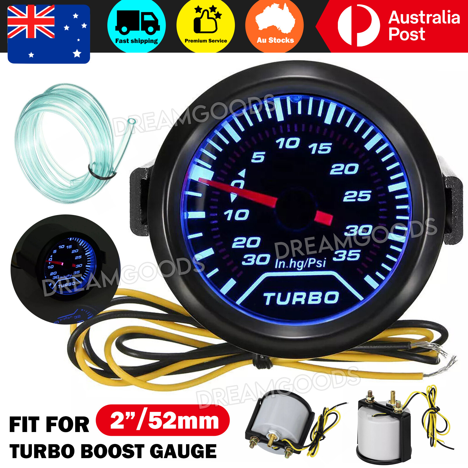 12V Turbo Boost Pressure Gauge 35 Psi 2in/52mm Analogue Blue Red LED Display