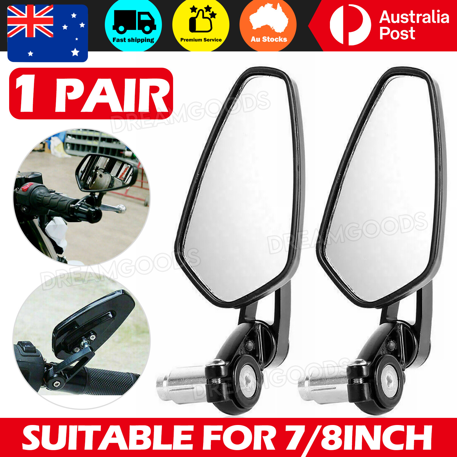 Pair Motorcycle Bar End Mirrors 7/8 22mm Black Aluminum Glass Rear Side View
