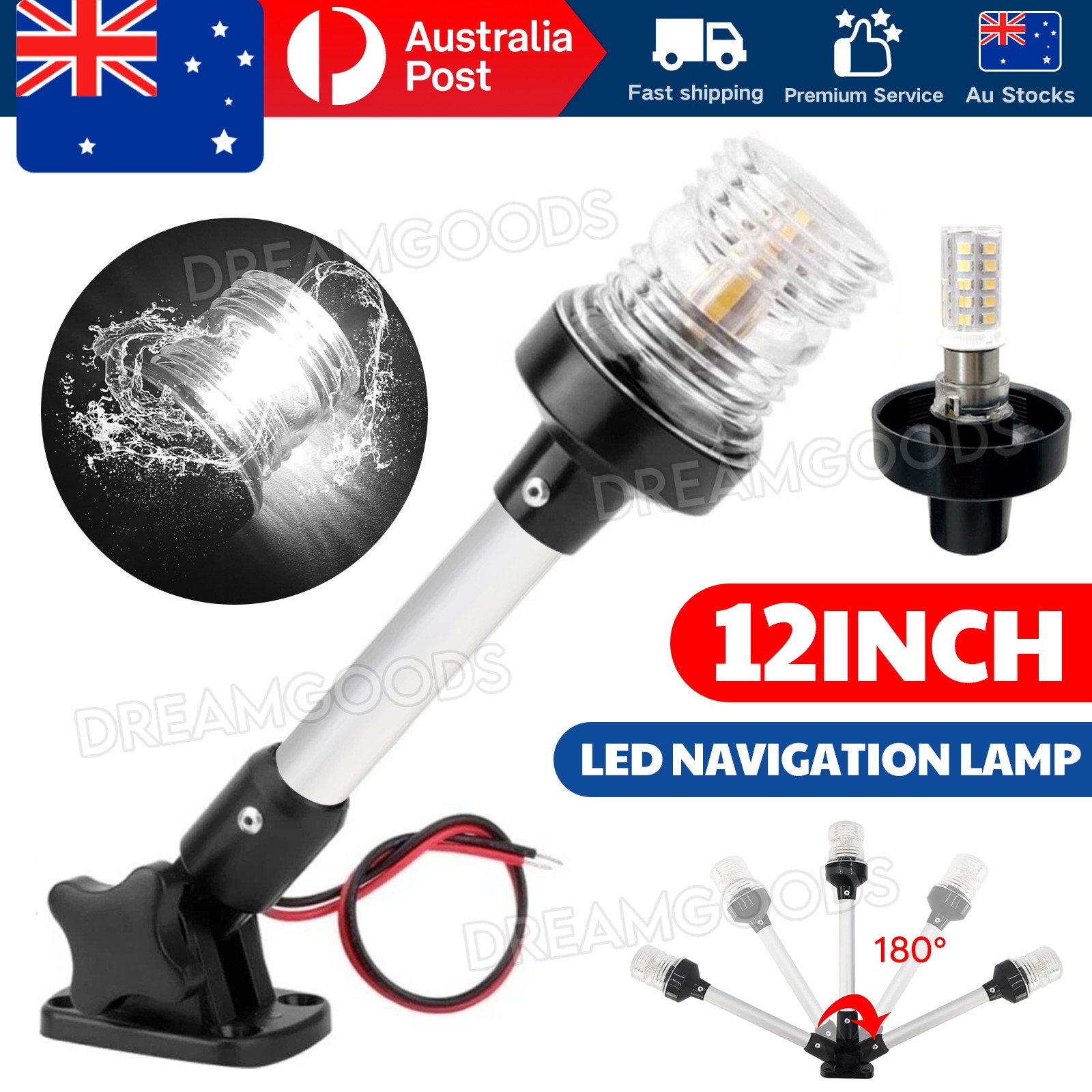 Marine Boat LED Navigation Anchor Stern Light Fold Down Pole 360 12-24V Aluminum