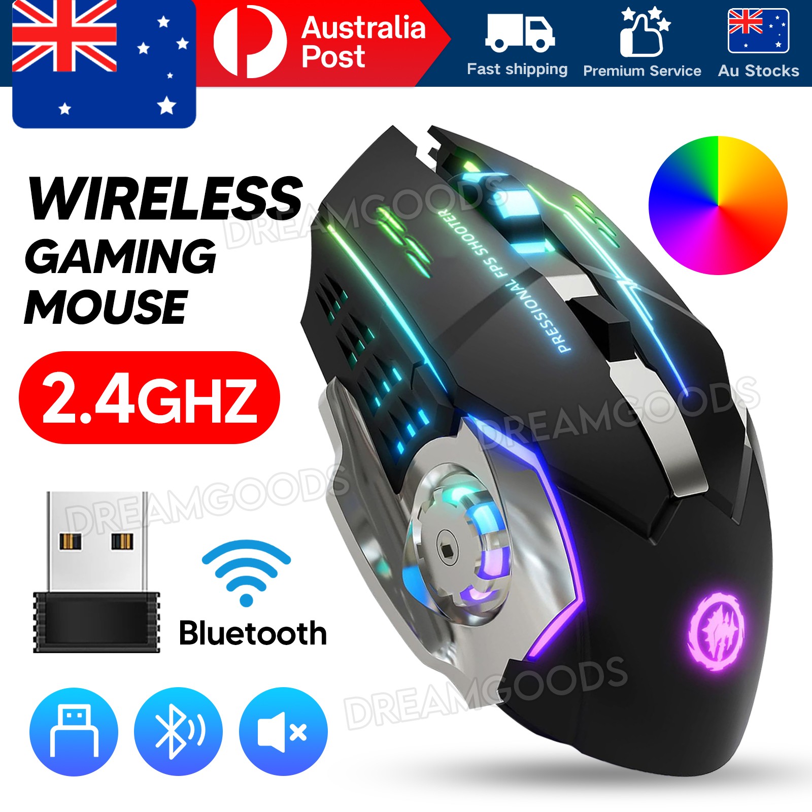Wireless Gaming Mouse Optical RGB Backlit Recharge 2.4GHz DPI PC Laptop Desktop