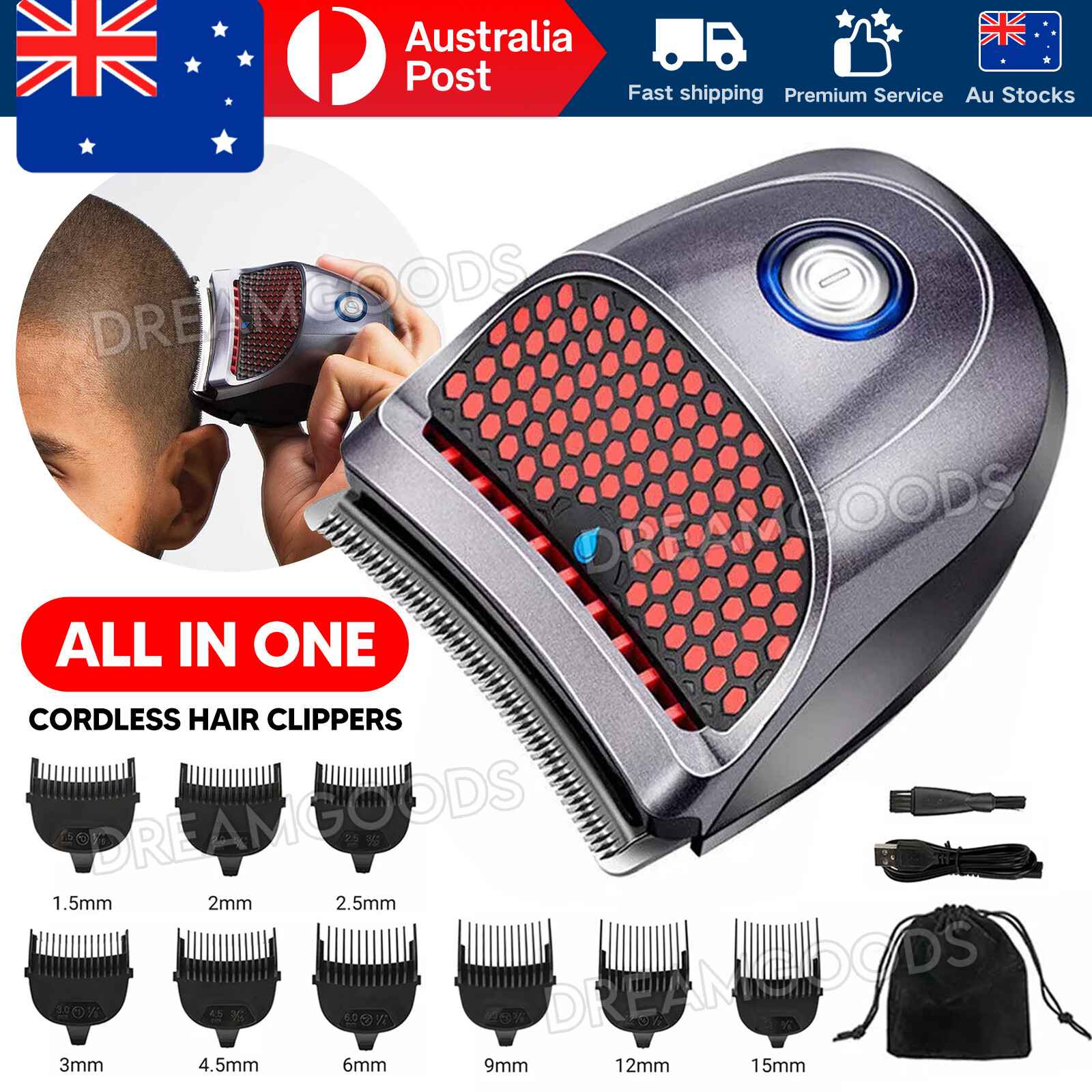 Electric Hair Clipper Rechargeable Cordless Beard Trimmer 9 Combs 1.5-15mm Black