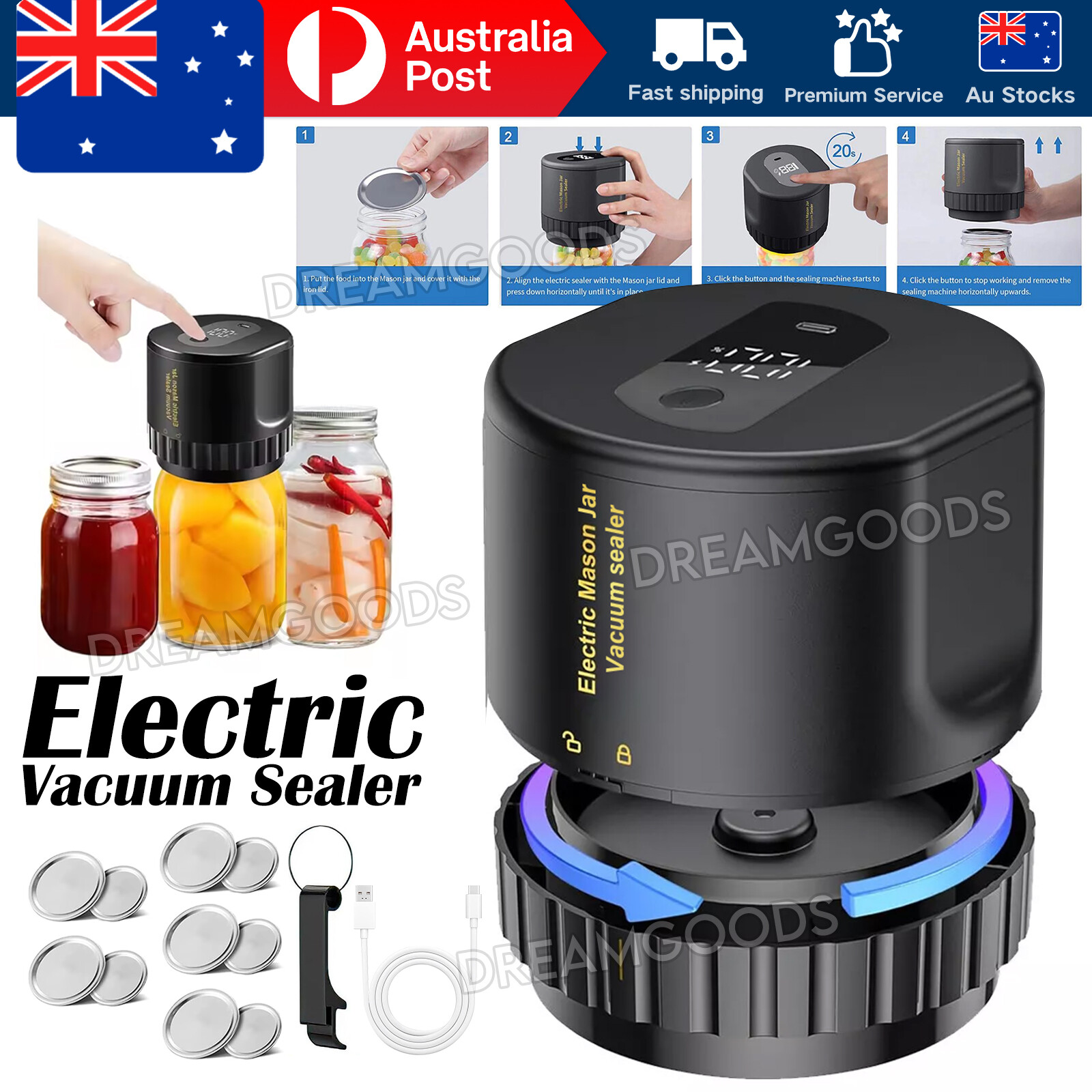 Electric Mason Jar Vacuum Sealer Kit KZ-80 10 Lids Wide Regular Mouth 68mm 83mm