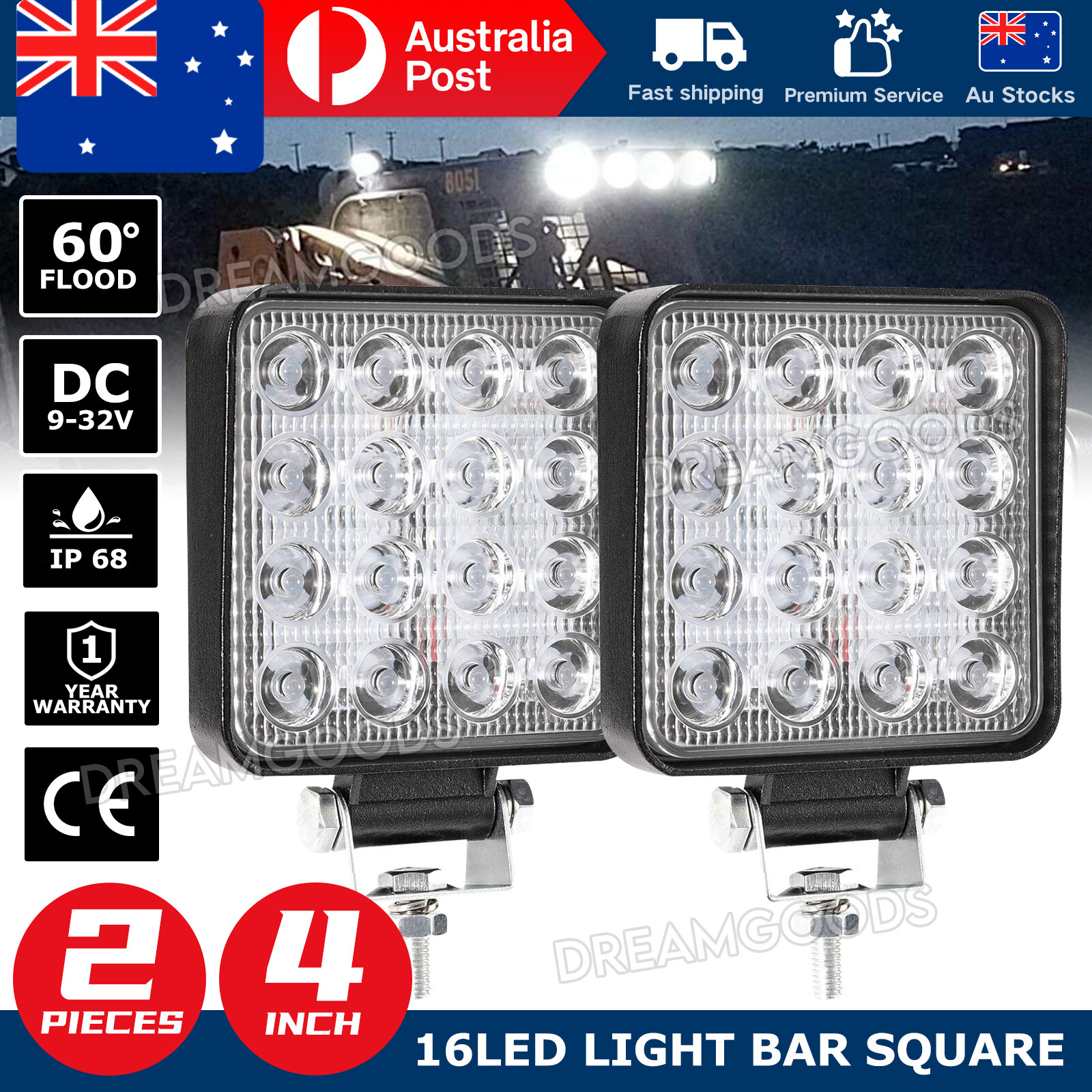2x 4inch Osram Square LED Work Lights 12V 24V IP68 Waterproof Flood 6500K