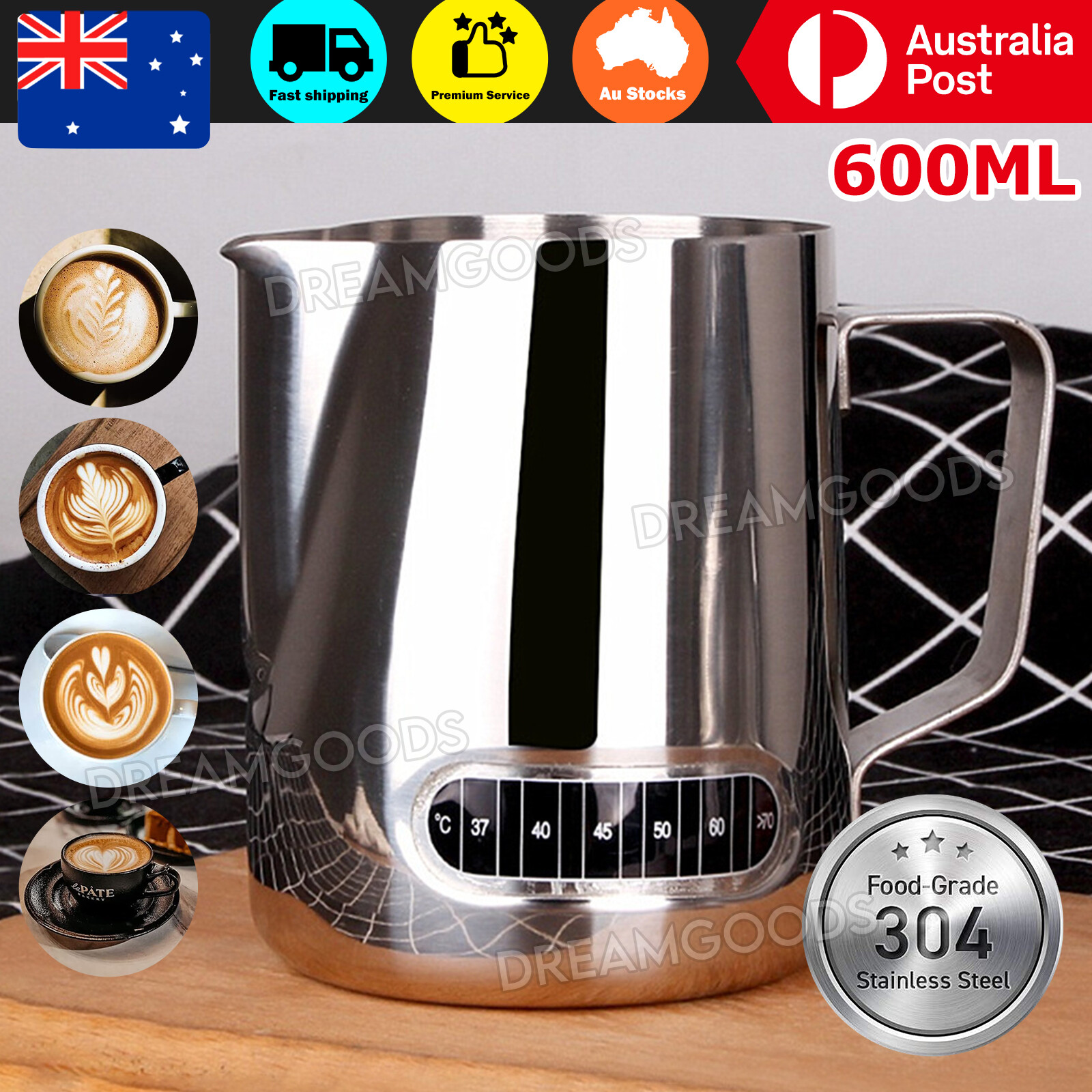 600ML Stainless Steel Milk Jug Coffee Pitcher Frothing Thermometer Silver 304