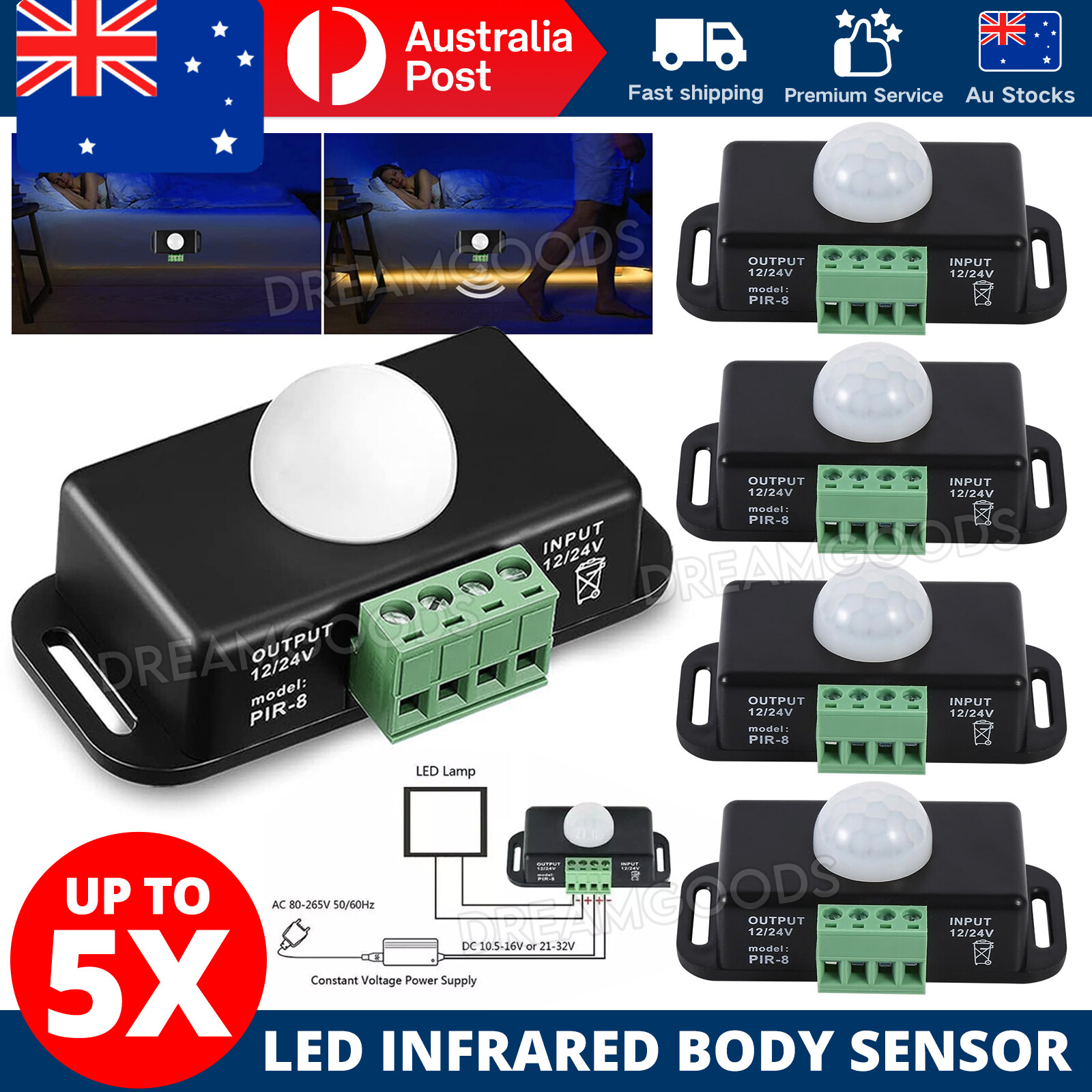 12V-24V DC PIR Motion Sensor Switch 8M Infrared LED Controller Black 76x35x34MM