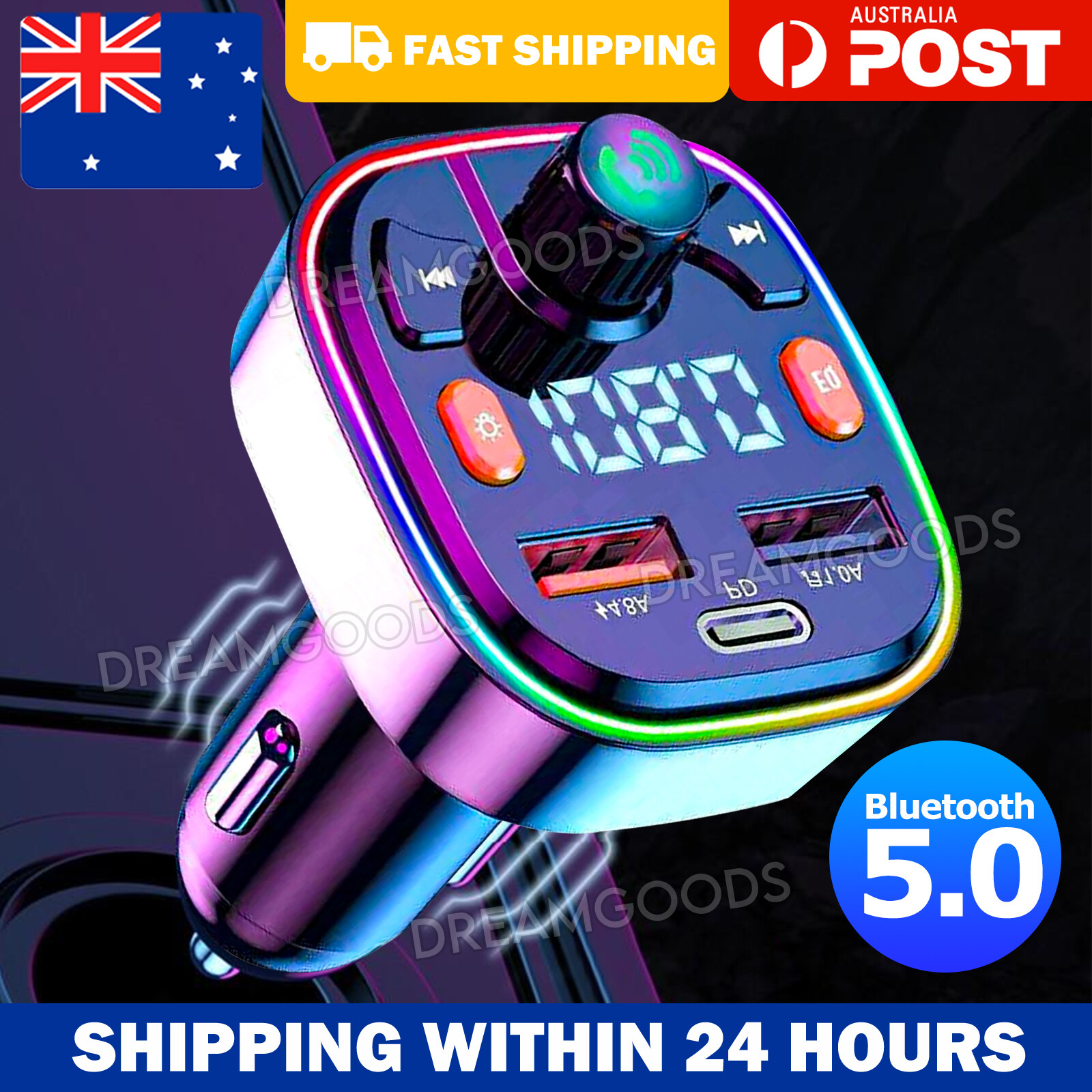 Bluetooth 5.0 Car FM Transmitter Dual USB Charger MP3 Player LED Display Black