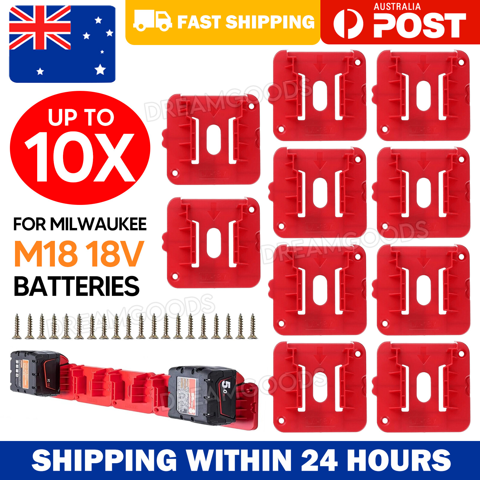 5PCS Battery Mount Holder For Milwaukee M18 18V Tool Battery Red ABS Wall Rack