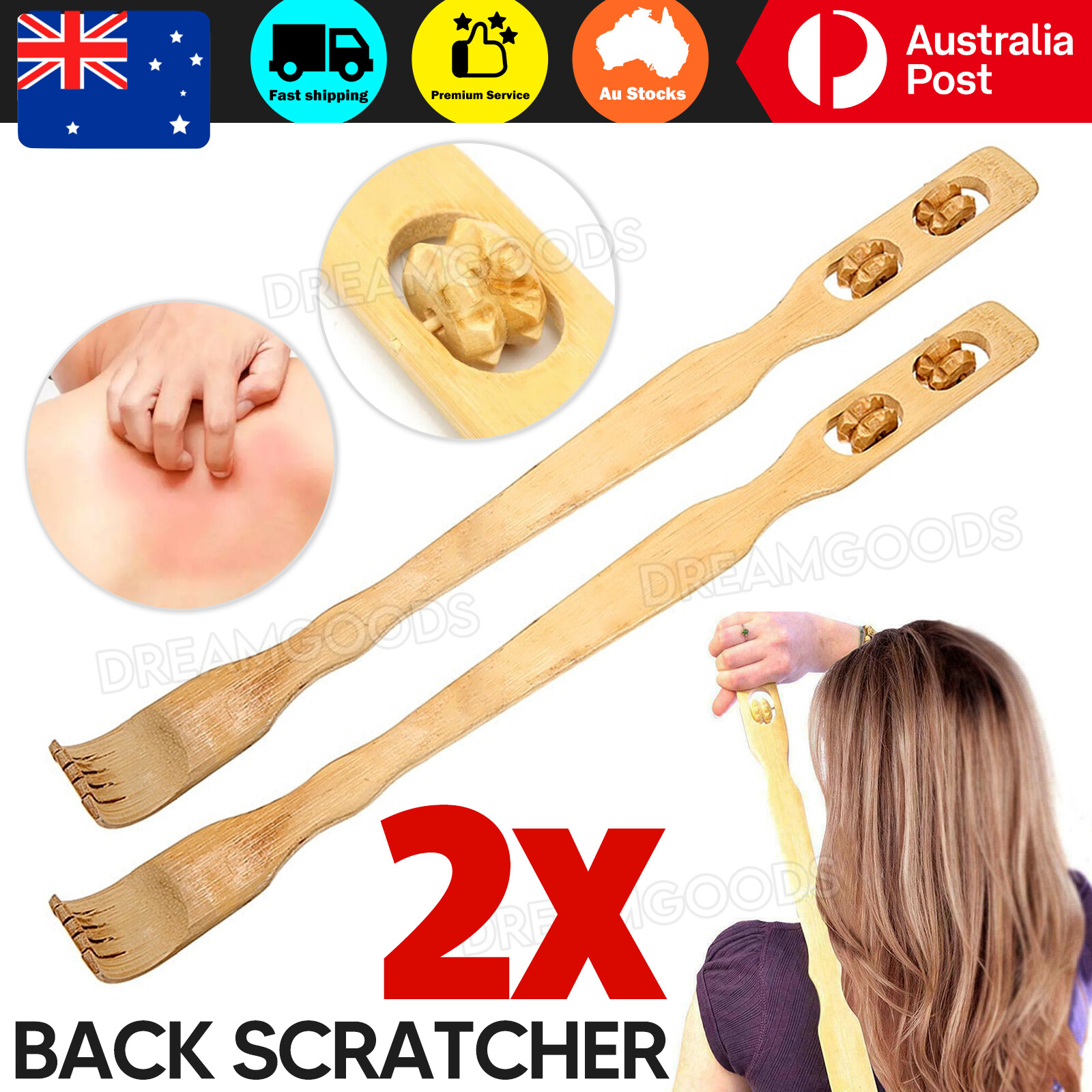 2x Bamboo Wooden Back Scratcher Massager 46.5cm Handheld Body Itch Relief Stick