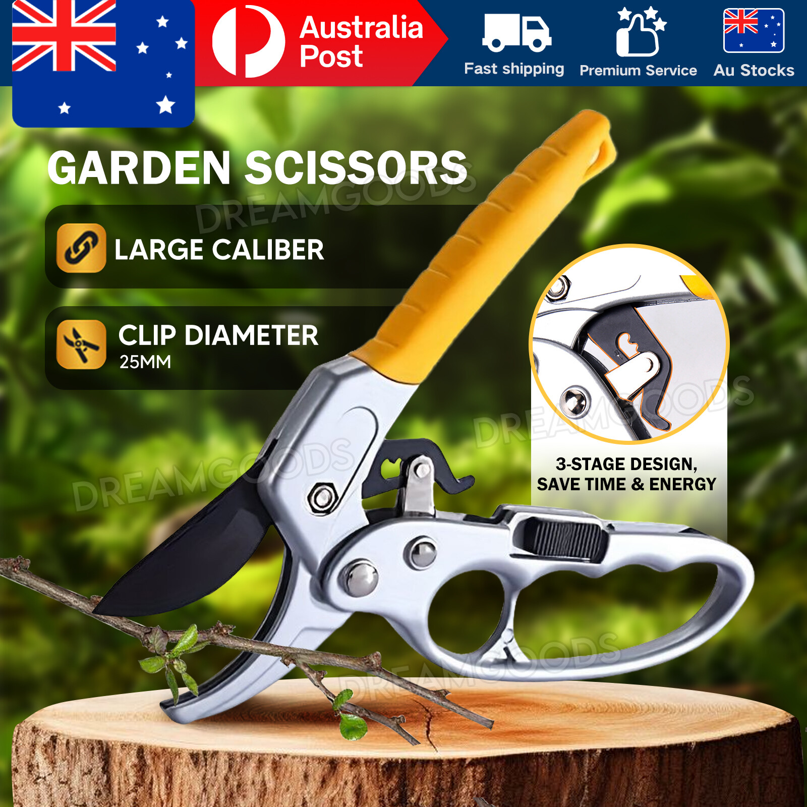 Garden Pruning Shears Ratchet SK-5 High Carbon Steel 20cm Yellow Comfort Grip