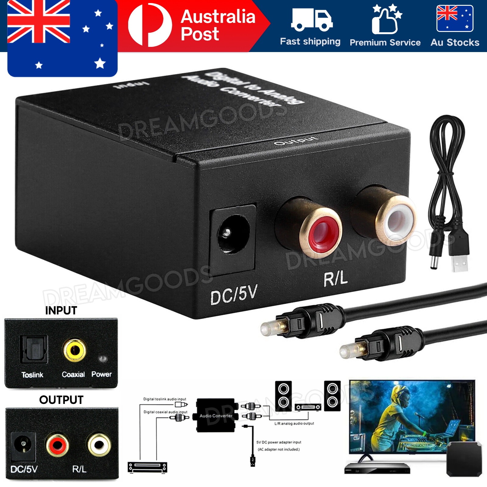 Digital to Analog Audio Converter Toslink Coaxial 2x RCA DAC 5V USB Cable
