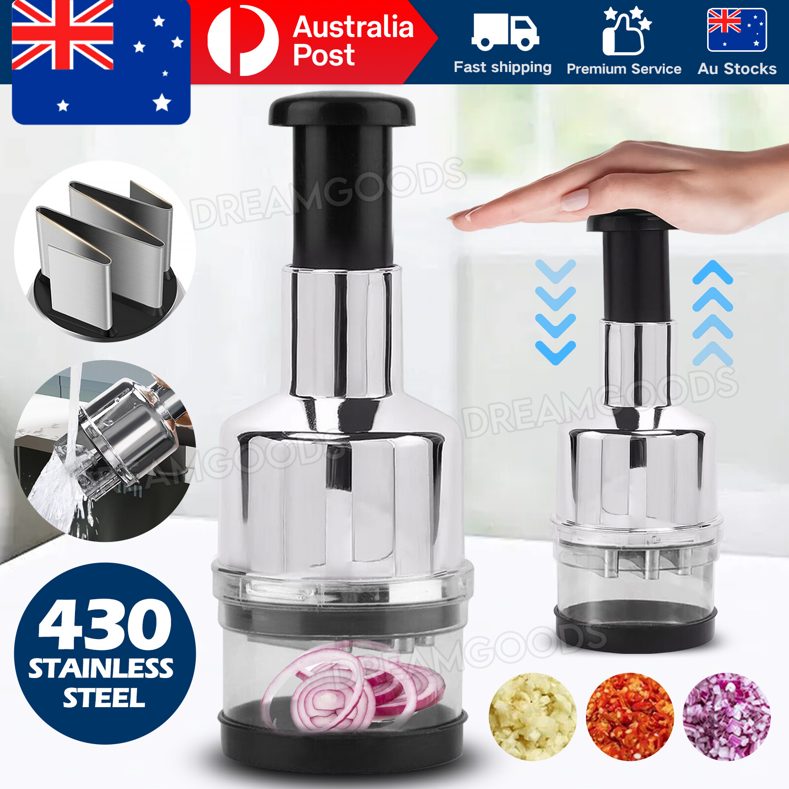 Onion Vegetable Chopper Slicer Garlic Pressing Stainless Steel Silver 22x8.5CM