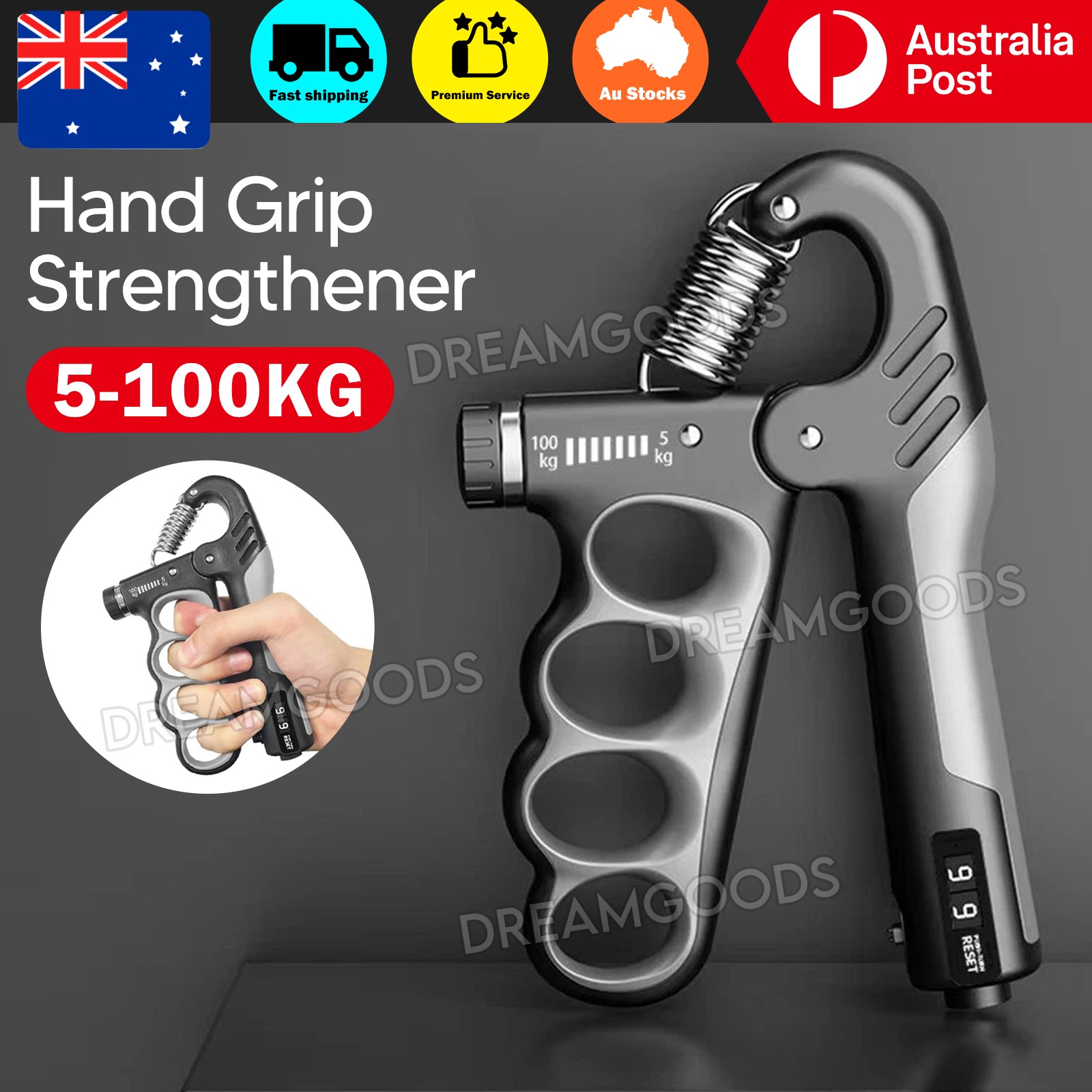 Hand Grip Strengthener 5-100KG Adjustable Counting Trainer Grey Gym & Training
